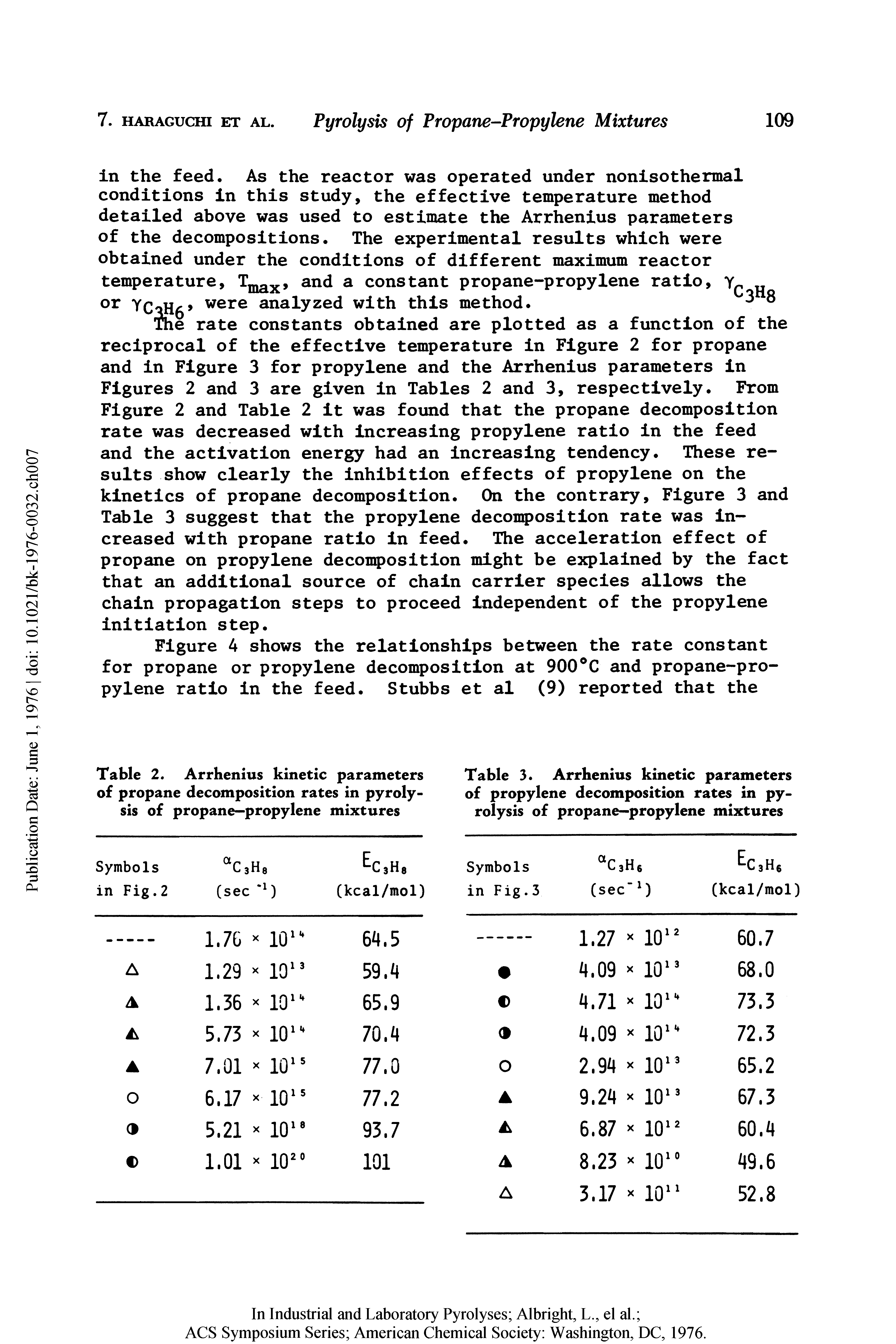 Table 2. Arrhenius kinetic parameters of propane decomposition rates in pyrolysis of propane—propylene mixtures ...