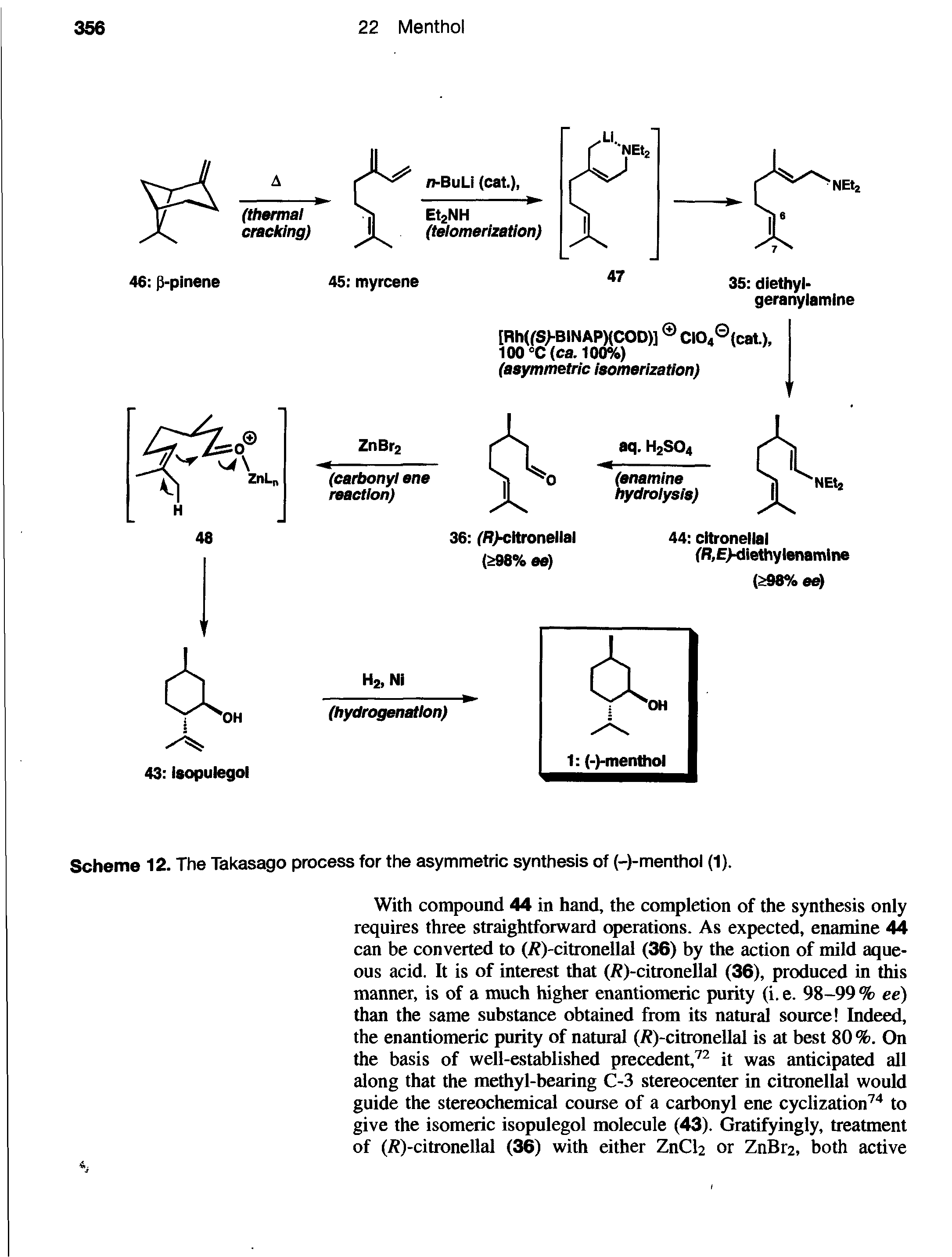 Scheme 12. The Takasago process for the asymmetric synthesis of (-)-menthol (1).