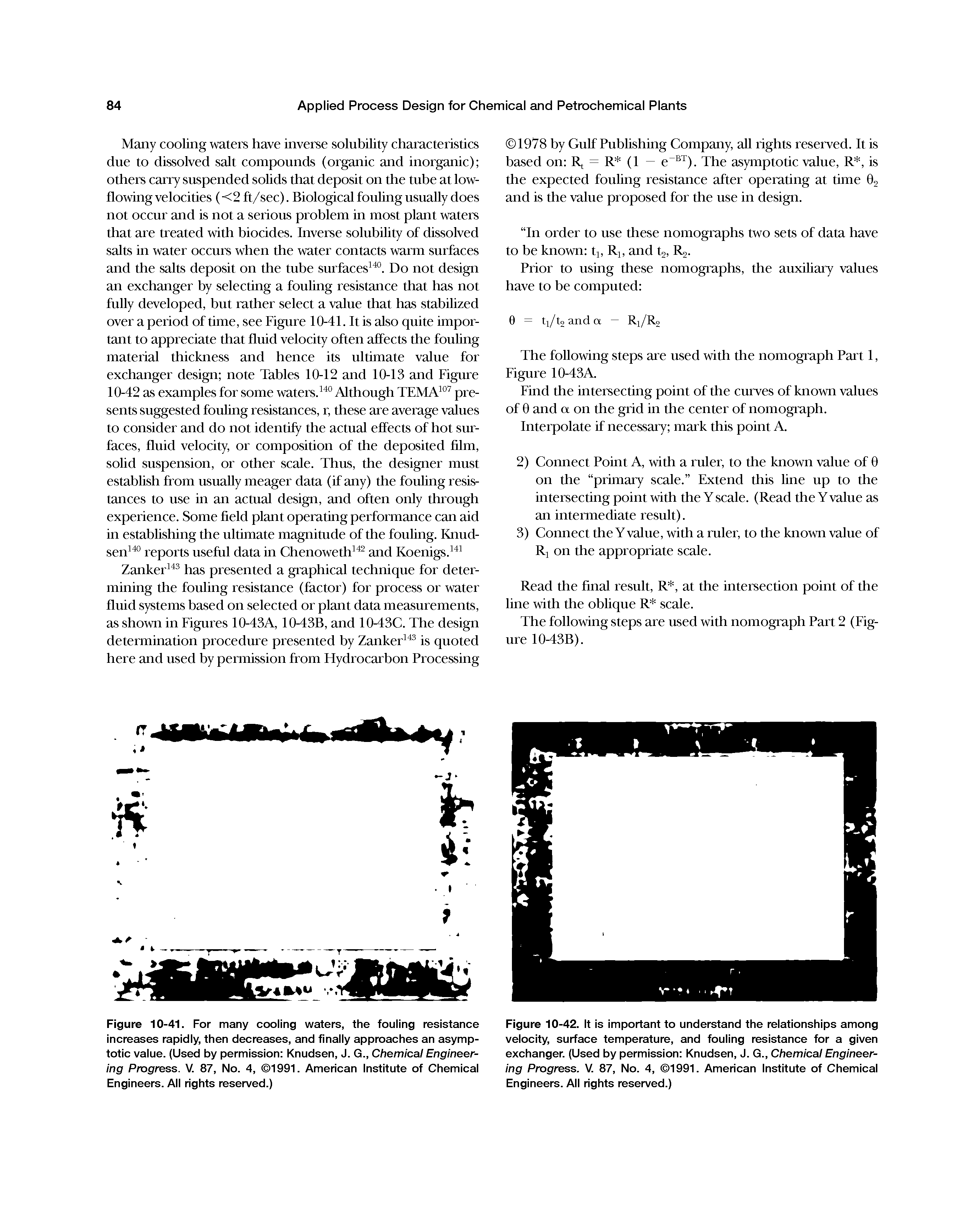 Figure 10-42. It is important to understand the relationships among velocity, surface temperature, and fouling resistance for a given exchanger. (Used by permission Knudsen, J. G., Chemical Engineering Progress. V. 87, No. 4, 1991. American Institute of Chemical Engineers. All rights reserved.)...