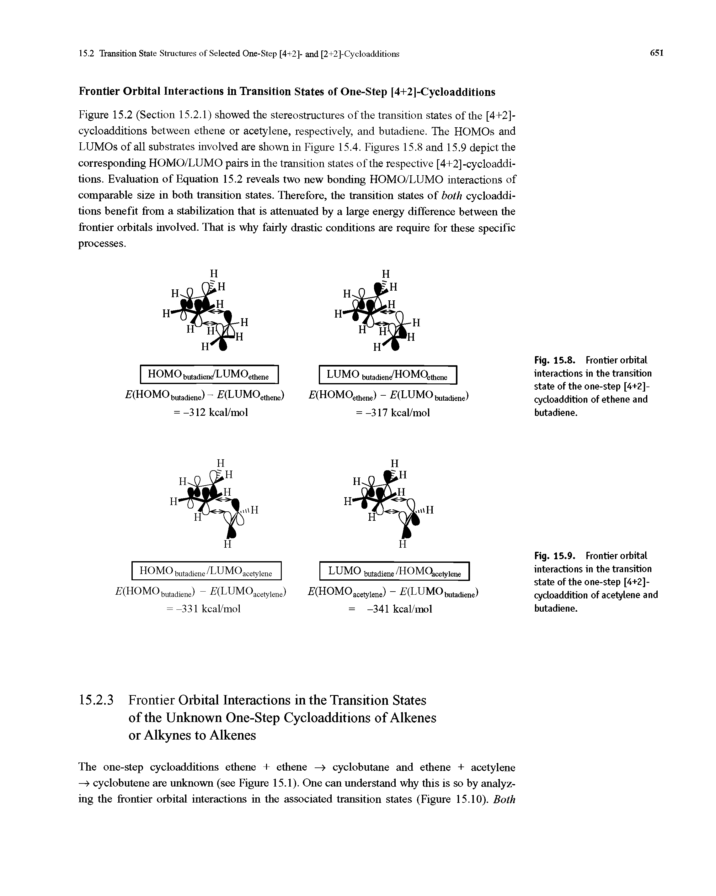 Figure 15.2 (Section 15.2.1) showed the stereostructures of the transition states of the [4+2]-cycloadditions between ethene or acetylene, respectively, and butadiene. The HOMOs and LUMOs of all substrates involved are shown in Figure 15.4. Figures 15.8 and 15.9 depict the corresponding HOMO/LUMO pairs in the transition states of the respective [4+2]-cycloaddi-tions. Evaluation of Equation 15.2 reveals two new bonding HOMO/LUMO interactions of comparable size in both transition states. Therefore, the transition states of both cycloadditions benefit from a stabilization that is attenuated by a large energy difference between the frontier orbitals involved. That is why fairly drastic conditions are require for these specific processes.