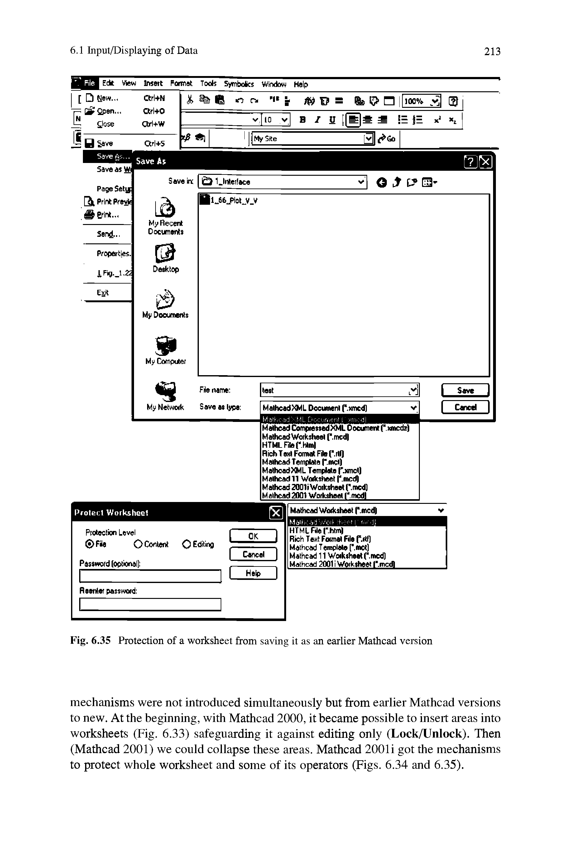 Fig. 6.35 Protection of a worksheet from saving it as an earlier Mathcad version...