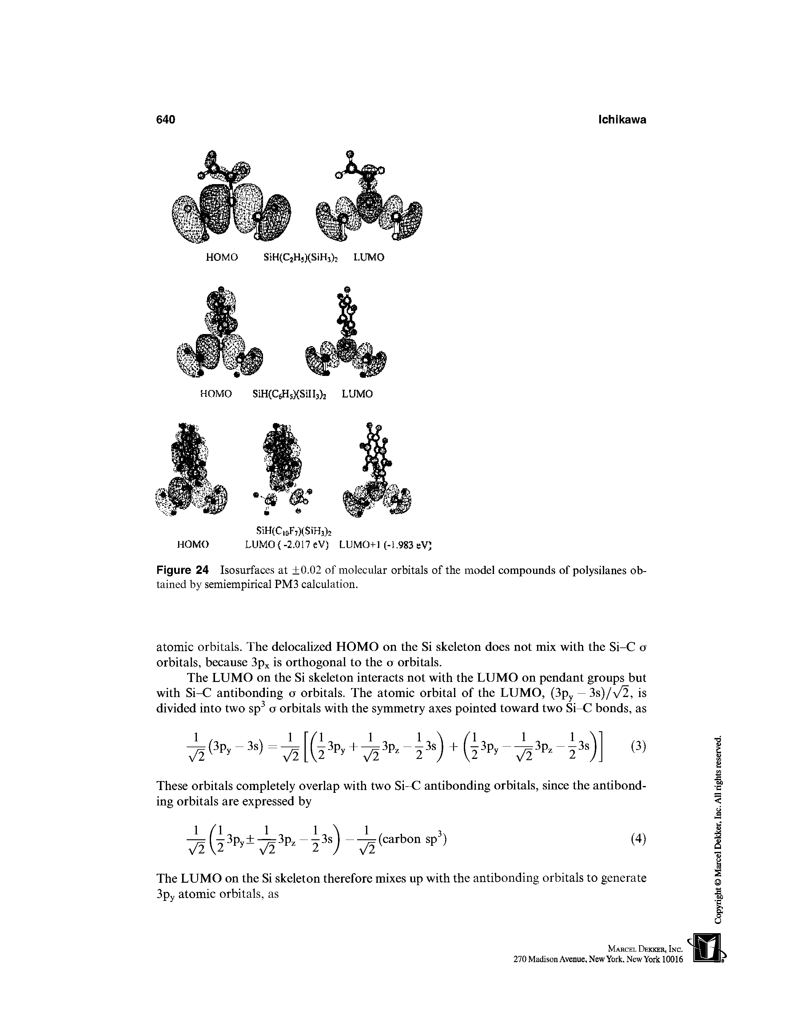 Figure 24 Isosurfaces at +0.02 of molecular orbitals of the model compounds of polysilanes obtained by semiempirical PM3 calculation.