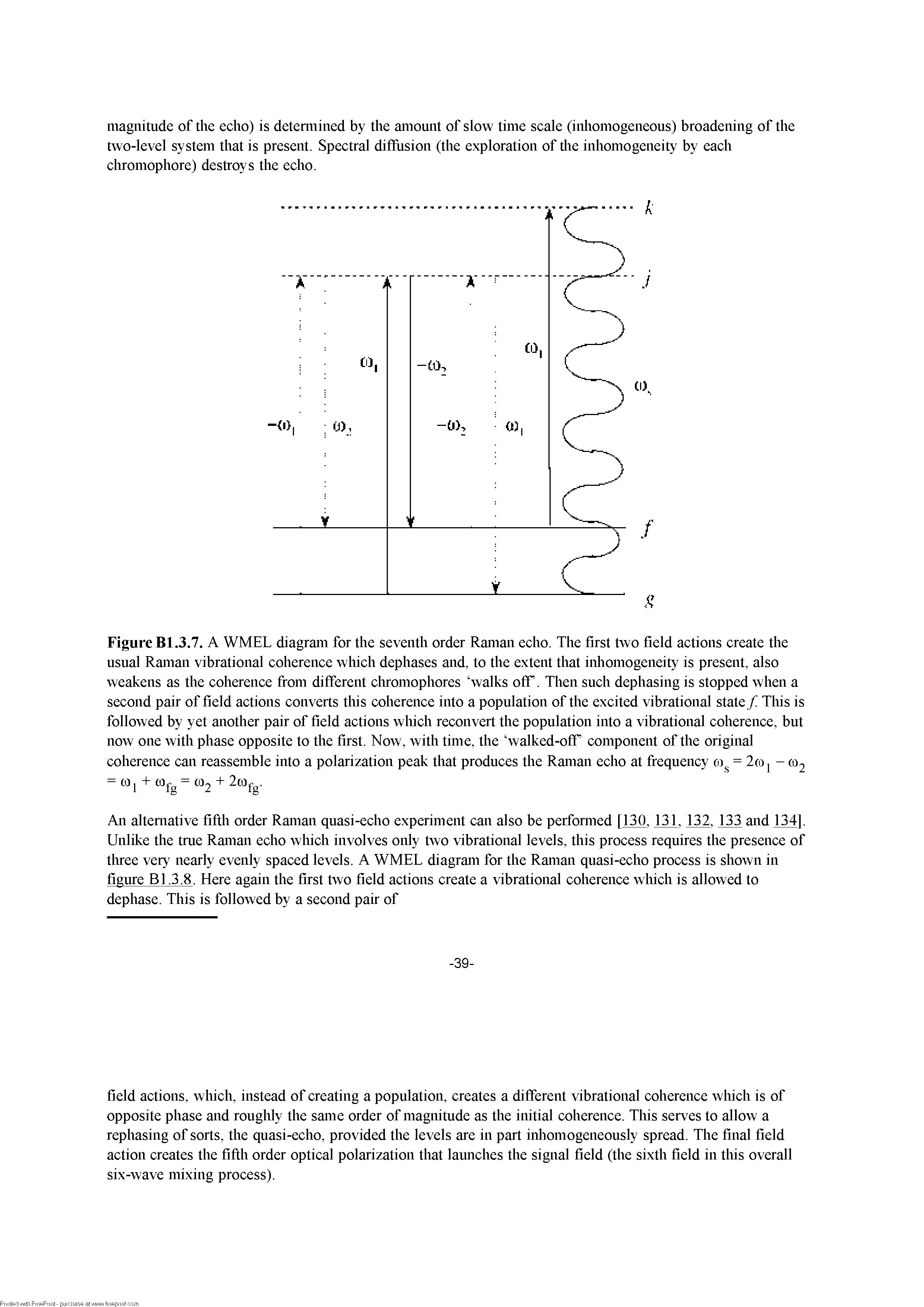 Figure Bl.3.7. A WMEL diagram for the seventh order Raman echo. The first two field actions create the usual Raman vibrational coherence which dephases and, to the extent that inliomogeneity is present, also weakens as the coherence from different cliromophores walks oflP. Then such dephasing is stopped when a second pair of field actions converts this coherence into a population of the excited vibrational state / This is followed by yet another pair of field actions which reconvert the population into a vibrational coherence, but now one with phase opposite to the first. Now, with time, the walked-oflP component of the original coherence can reassemble into a polarization peak that produces the Raman echo at frequency oi = 2(o - (O2...