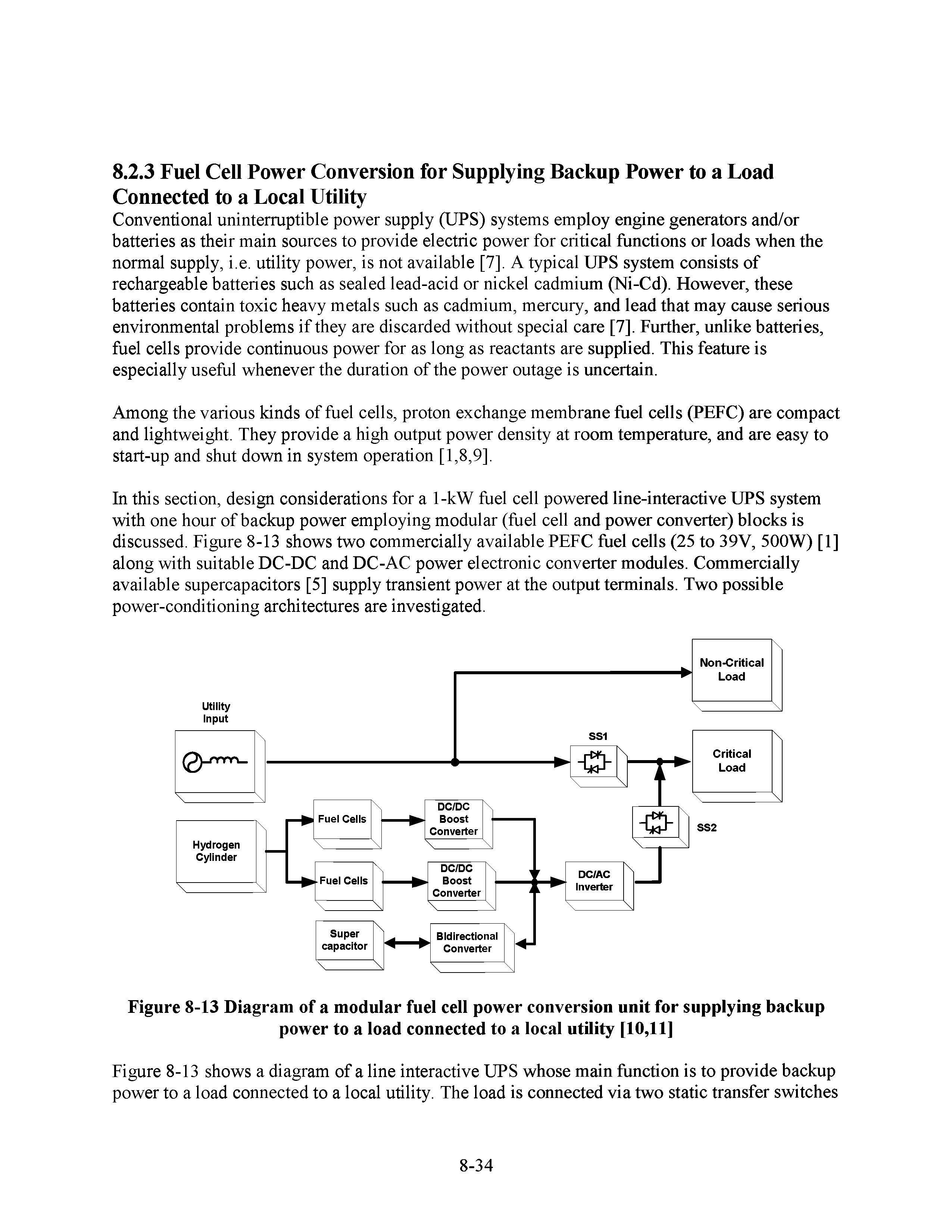 Figure 8-13 Diagram of a modular fuel cell power conversion unit for supplying backup power to a load connected to a local utflity [10,11]...