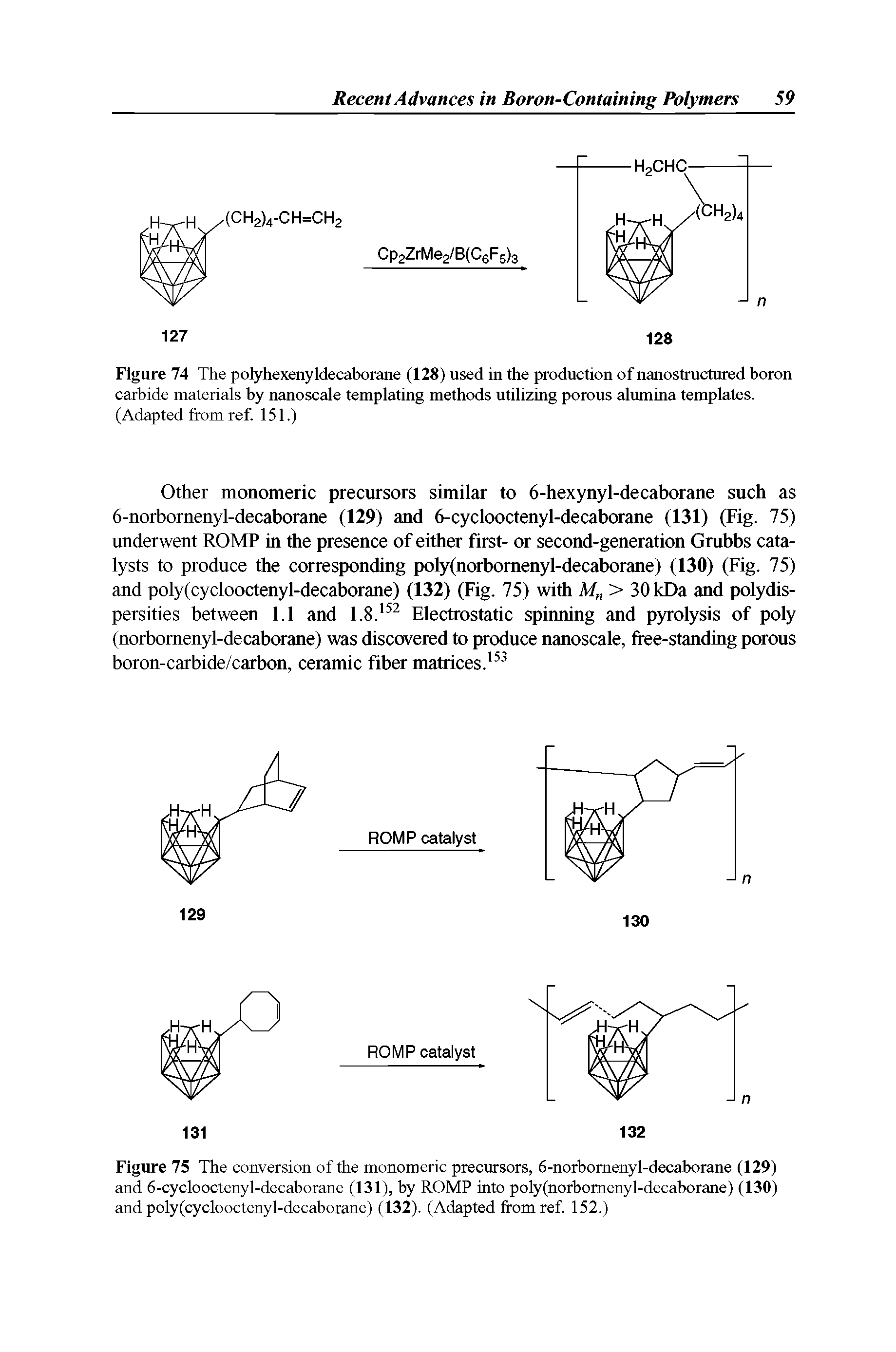 Figure 75 The conversion of the monomeric precursors, 6-norbomenyl-decaborane (129) and 6-cyclooctenyl-decaborane (131), by ROMP into poly(norbomenyl-decaborane) (130) and poly(cyclooctenyl-decaborane) (132). (Adapted from ref. 152.)...