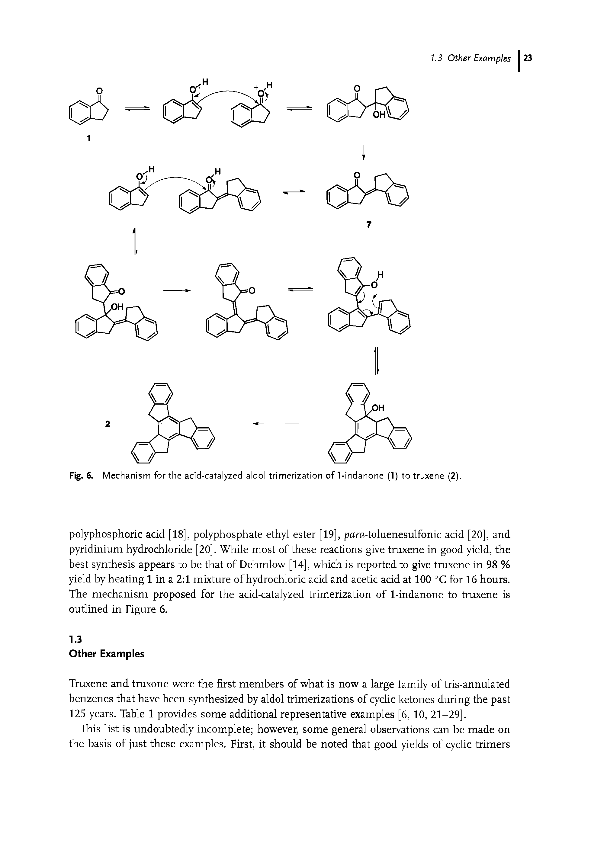Fig. 6. Mechanism for the acid-catalyzed aldol trimerization ofl-indanone (1) to truxene (2).