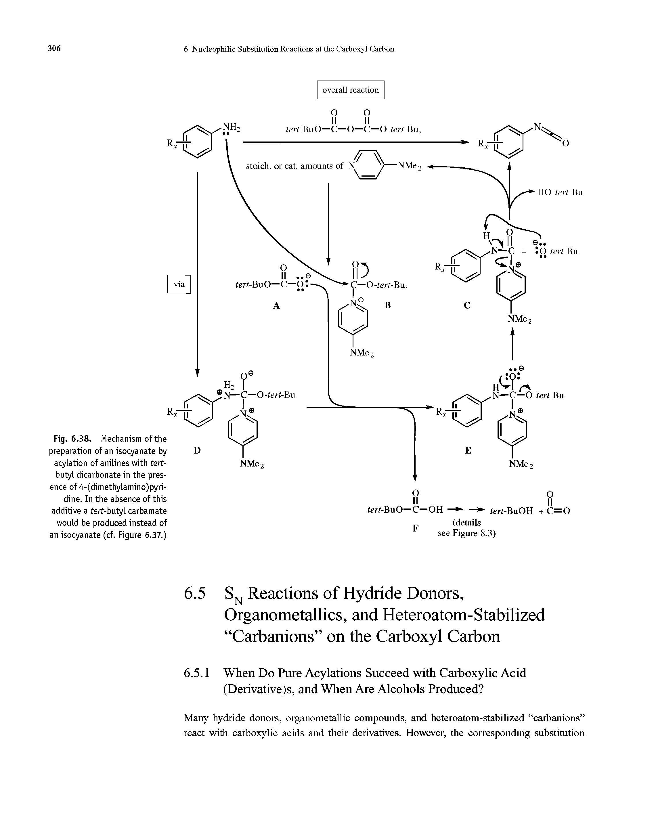 Fig. 6.38. Mechanism of the preparation of an isocyanate by acylation of anilines with tert-butyl dicarbonate in the presence of 4-(dimethylamino)pyri-dine. In the absence of this additive a tert-butyl carbamate would be produced instead of an isocyanate (cf. Figure 6.37.)...