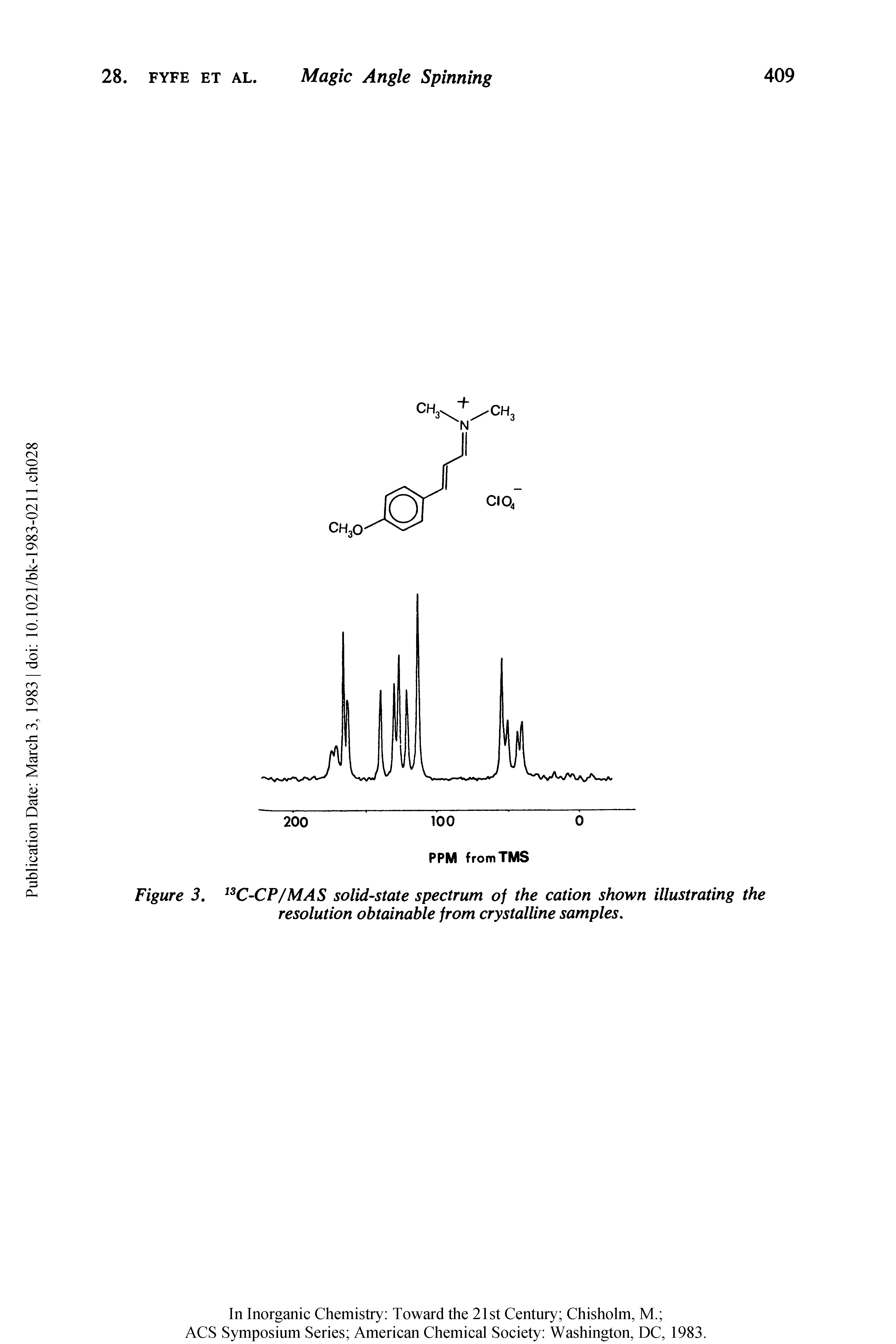 Figure 3. 13C-CP/MAS solid-state spectrum of the cation shown illustrating the resolution obtainable from crystalline samples.