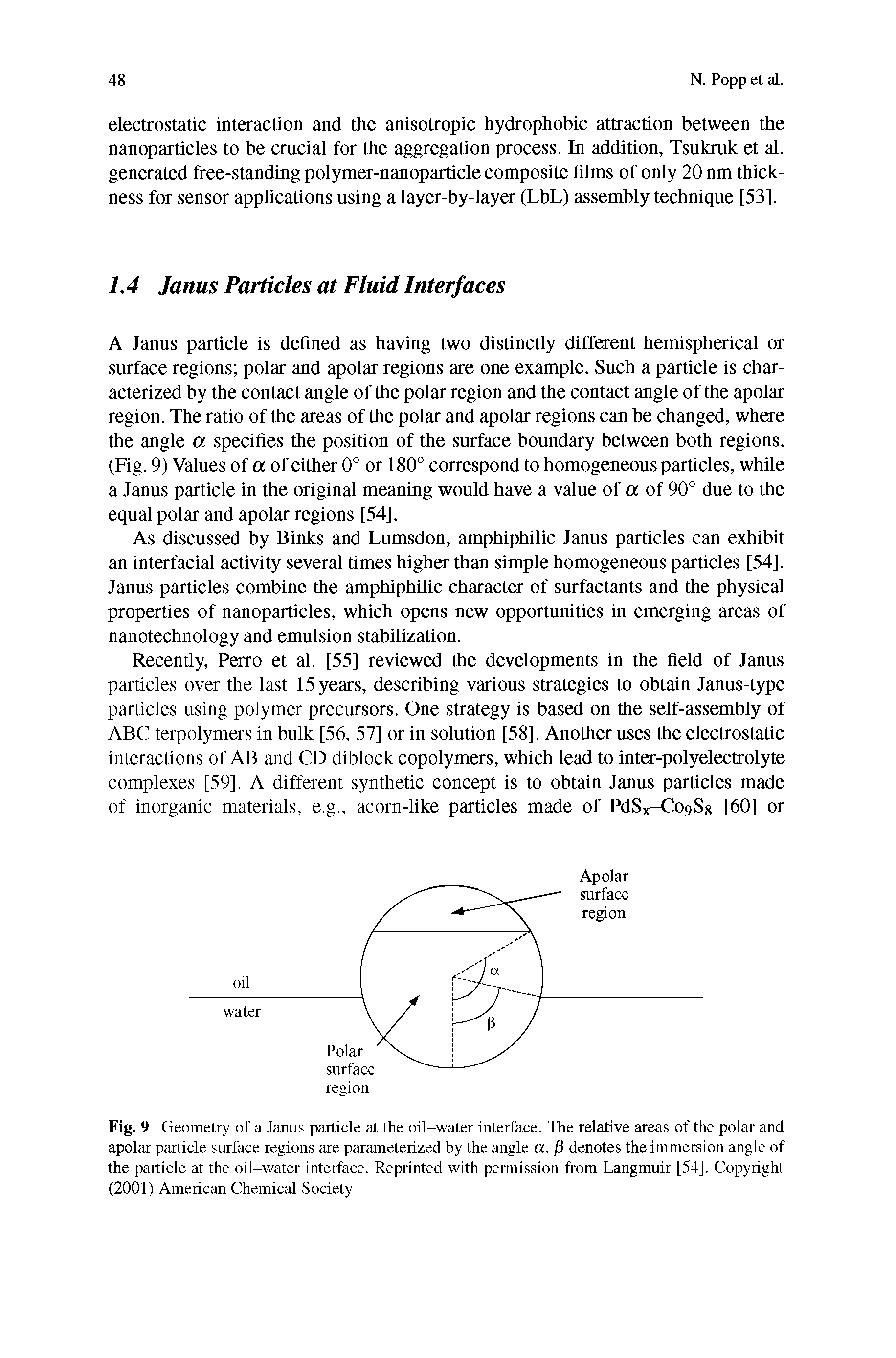 Fig. 9 Geometry of a Janus particle at the oil-water interface. The relative areas of the polar and apolar particle surface regions are parameterized by the angle a. J3 denotes the immersion angle of the particle at the oil-water interface. Reprinted with permission from Langmuir [54]. Copyright (2001) American Chemical Society...