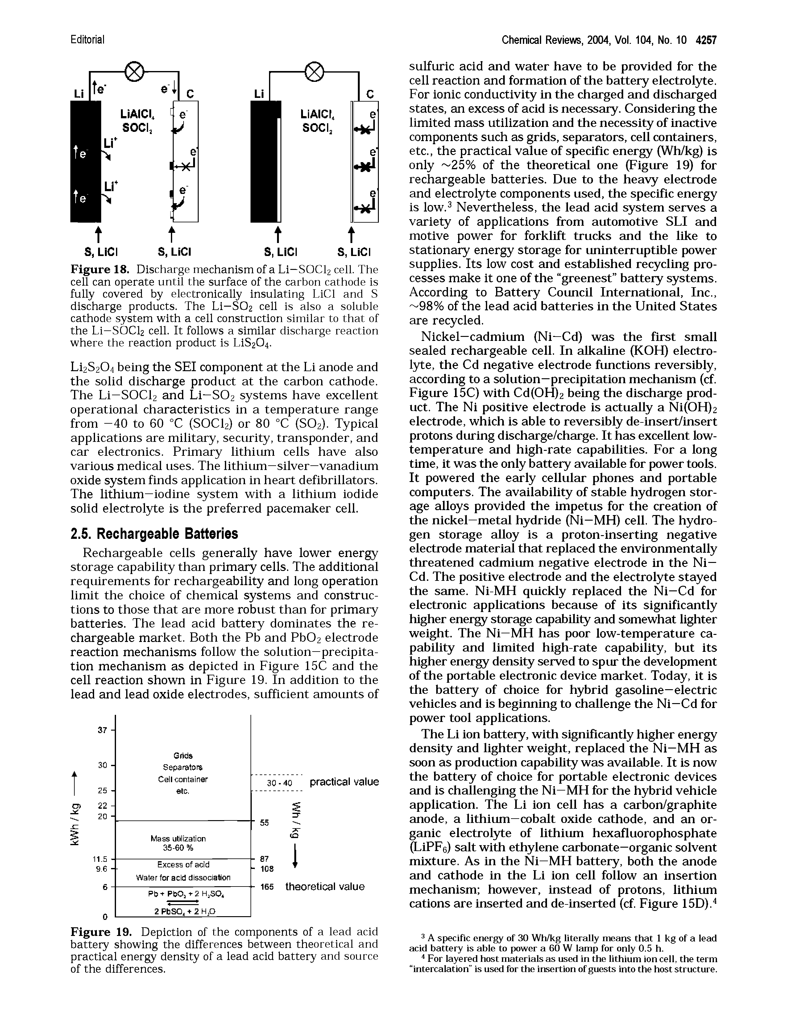 Figure 18. Discharge mechanism of a Li—SOCij ceii. The cell can operate until the surface of the carbon cathode is fully covered by electronically insulating LiCI and S discharge products. The Li—SO2 cell is also a soluble cathode system with a cell construction similar to that of the Li—SOCI2 cell. It follows a similar discharge reaction where the reaction product is L1S204.