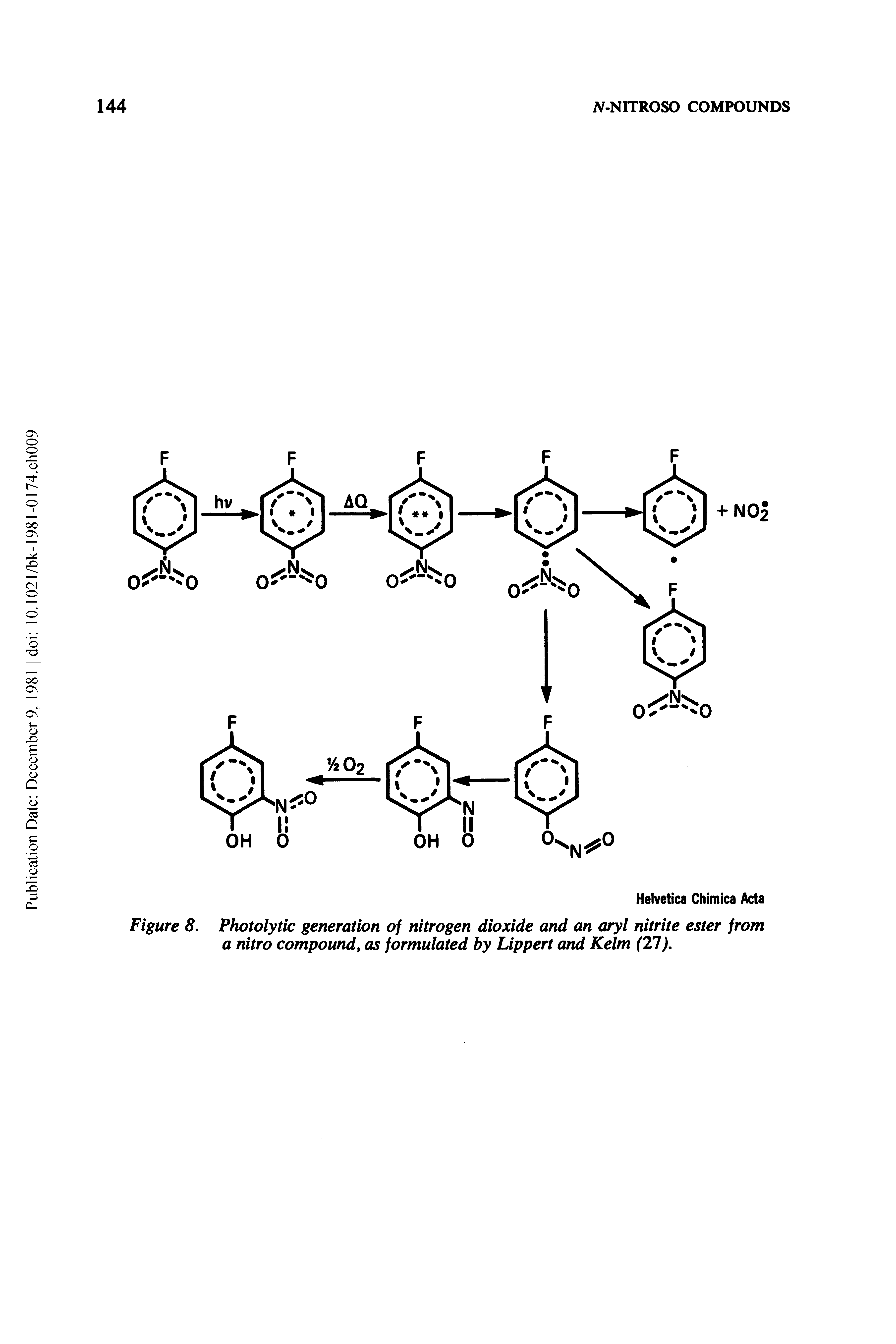 Figure 8, Photolytic generation of nitrogen dioxide and an aryl nitrite ester from a nitro compound, as formulated by Lippert and Kelm (27),...