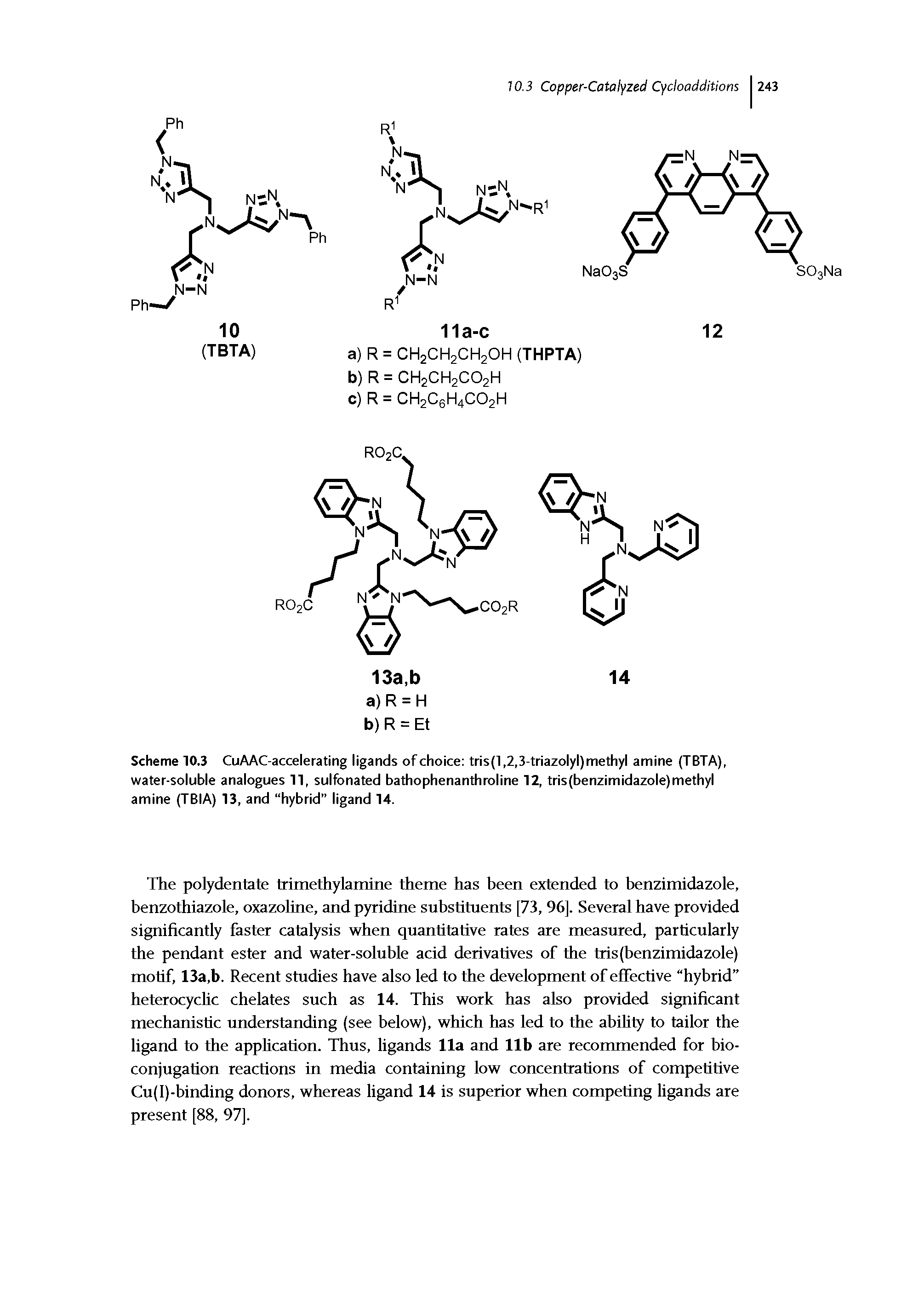 Scheme 10.3 CuAAC-accelerating ligands of choice tris(l,2,3-triazolyl)methyl amine (TBTA), water-soluble analogues 11, sulfonated bathophenanthroline 12, tris(benzimidazole)methyl amine (TBiA) 13, and hybrid ligand 14.