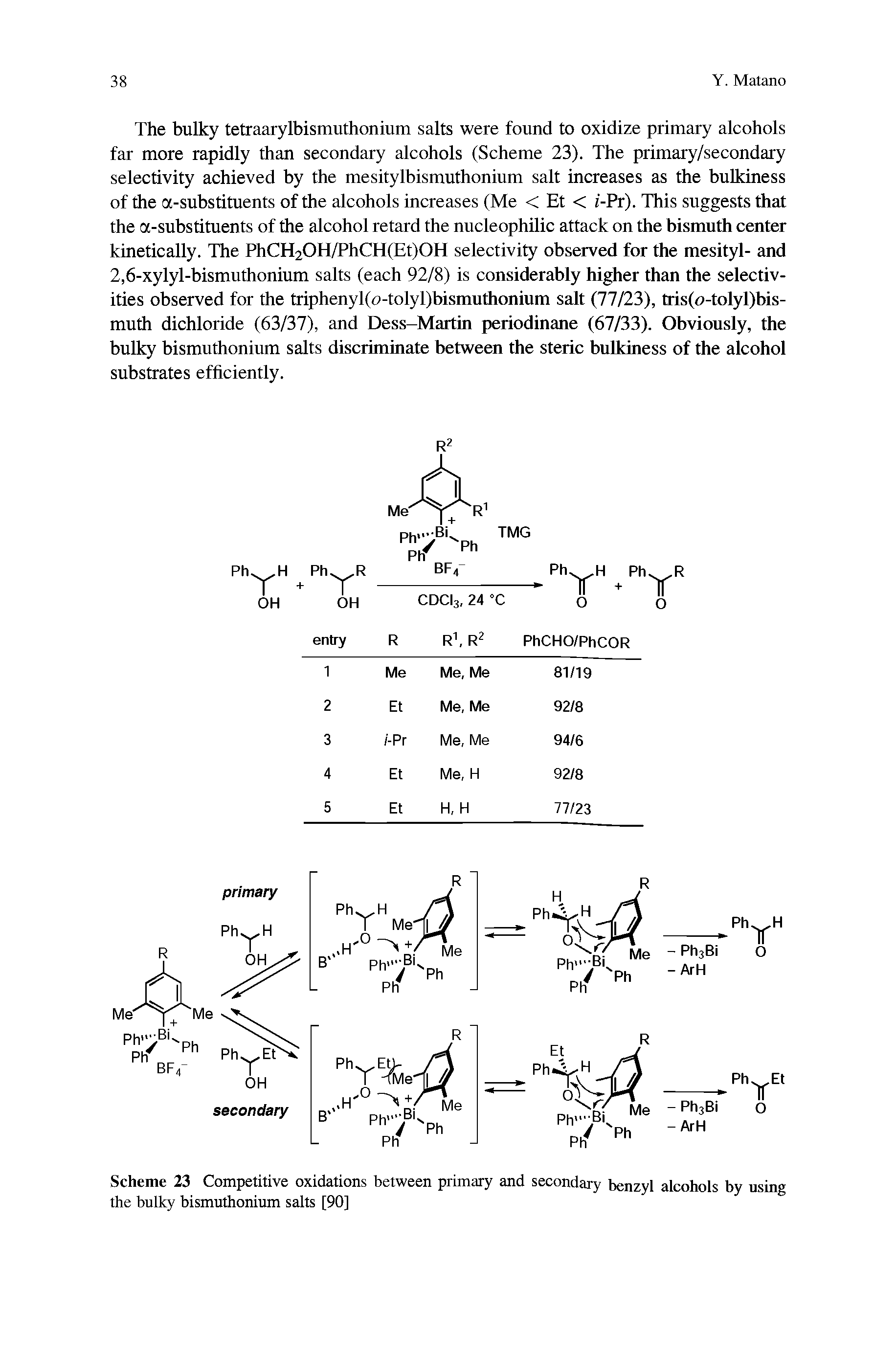 Scheme 23 Competitive oxidations between primary and secondary benzyl alcohols by using the bulky bismuthonium salts [90]...