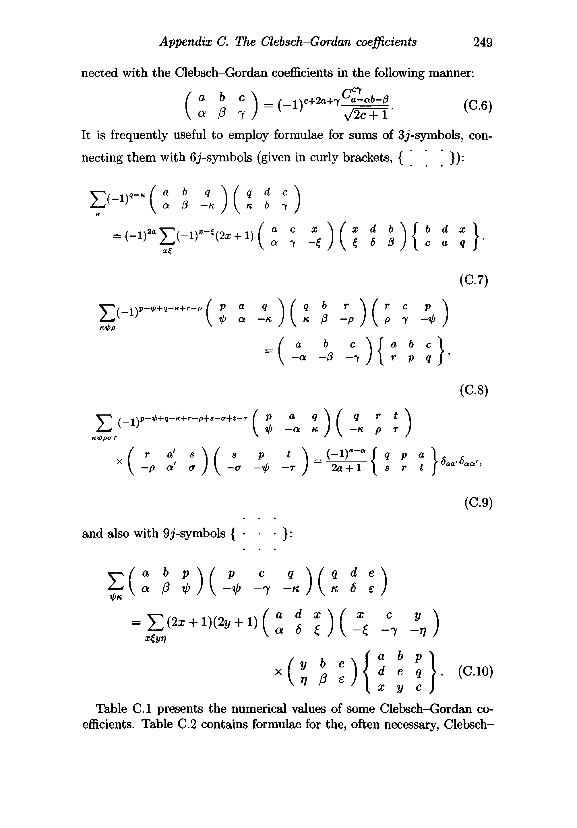 Table C.l presents the numerical values of some Clebsch-Gordan coefficients. Table C.2 contains formulae for the, often necessary, Clebsch-...