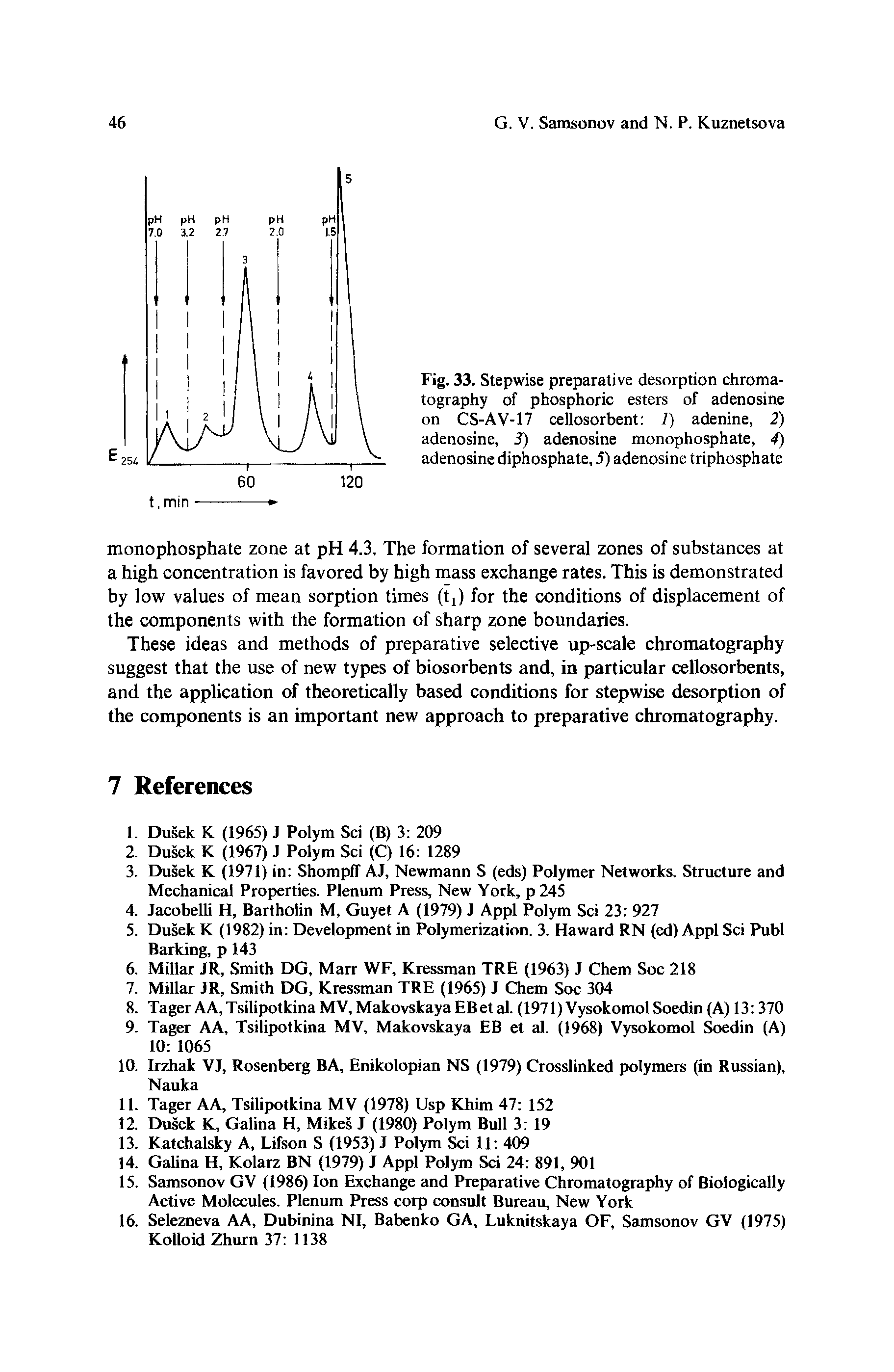 Fig. 33. Stepwise preparative desorption chromatography of phosphoric esters of adenosine on CS-AV-17 cellosorbent 1) adenine, 2) adenosine, 3) adenosine monophosphate, 4) adenosine diphosphate, 5) adenosine triphosphate...