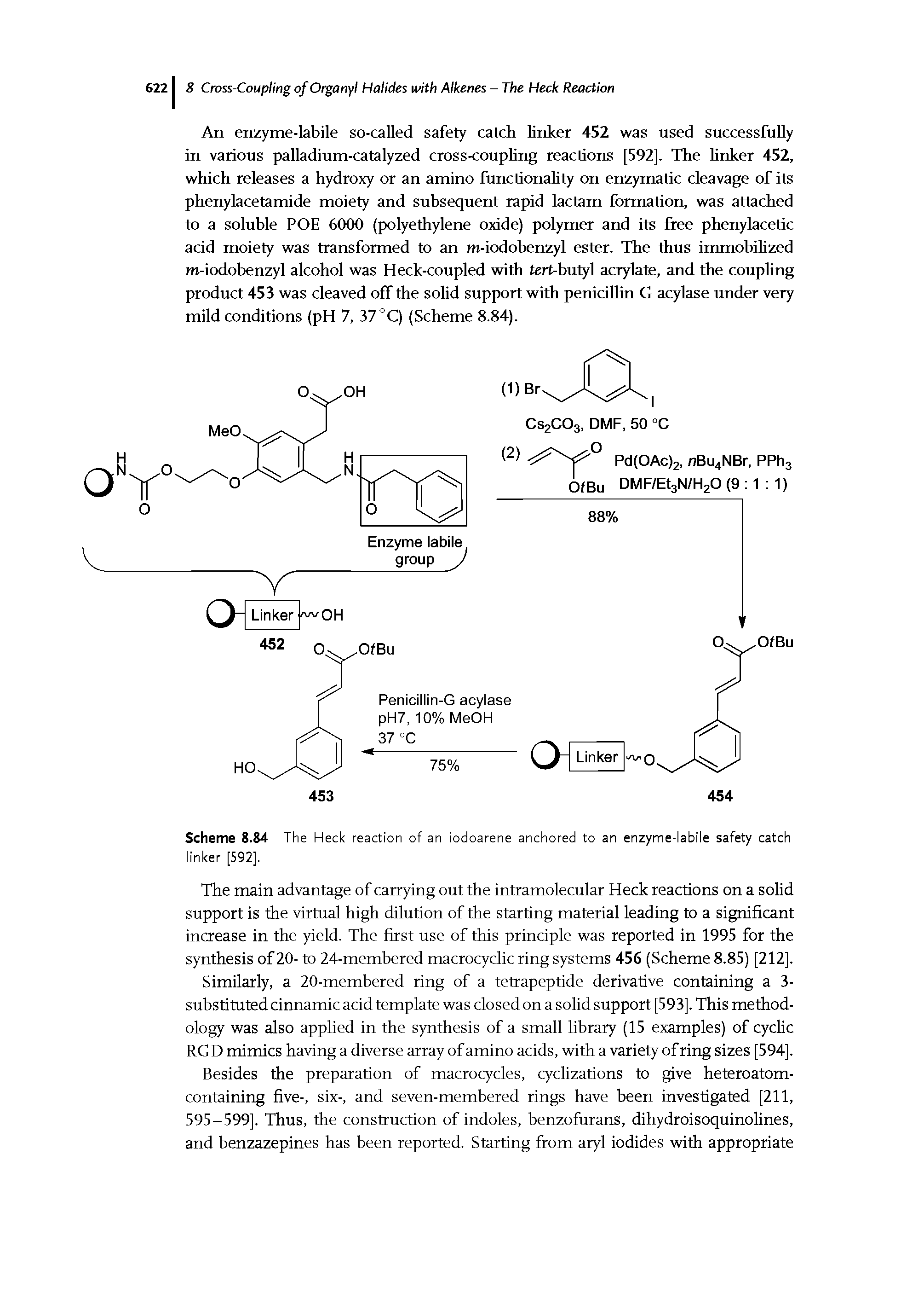 Scheme 8.84 The Heck reaction of an iodoarene anchored to an enzyme-labile safety catch linker [592].