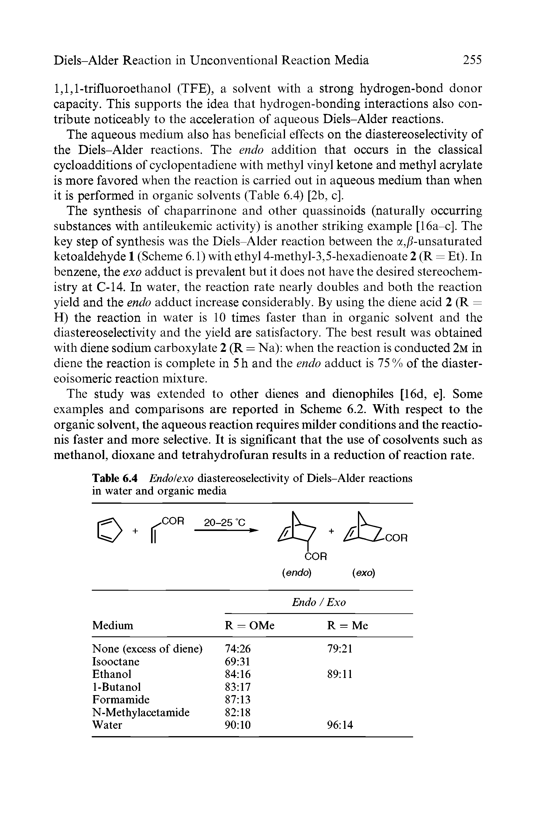 Table 6.4 Endo exo diastereoselectivity of Diels-Alder reactions in water and organic media...