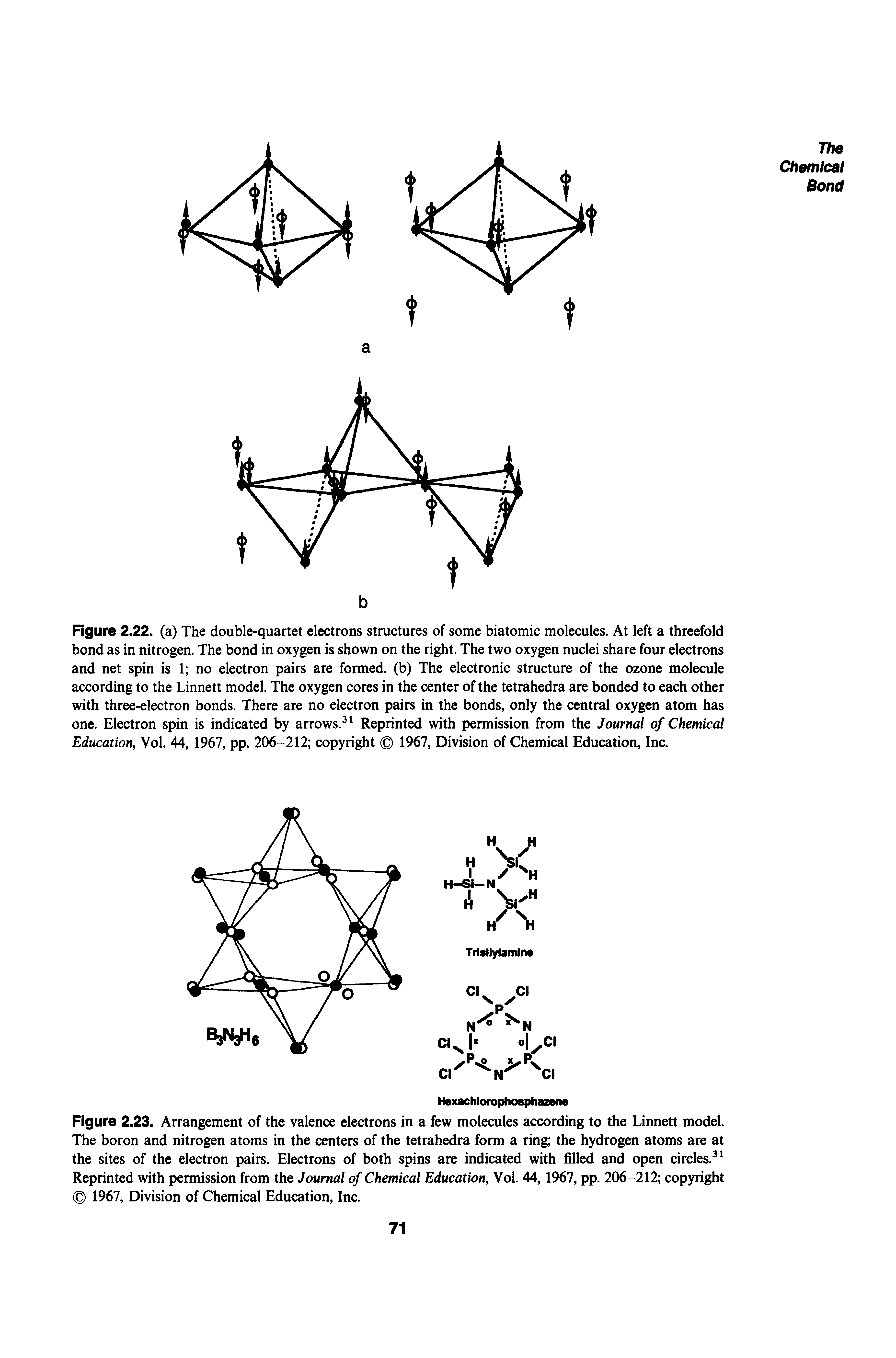 Figure 2.23. Arrangement of the valence electrons in a few molecules according to the Linnett model. The boron and nitrogen atoms in the centers of the tetrahedra form a ring the hydrogen atoms are at the sites of the electron pairs. Electrons of both spins are indicated with filled and open circles. Reprinted with permission from the Journal of Chemical Education, Vol. 44,1967, pp. 206-212 copyright 1967, Division of Chemical Education, Inc.