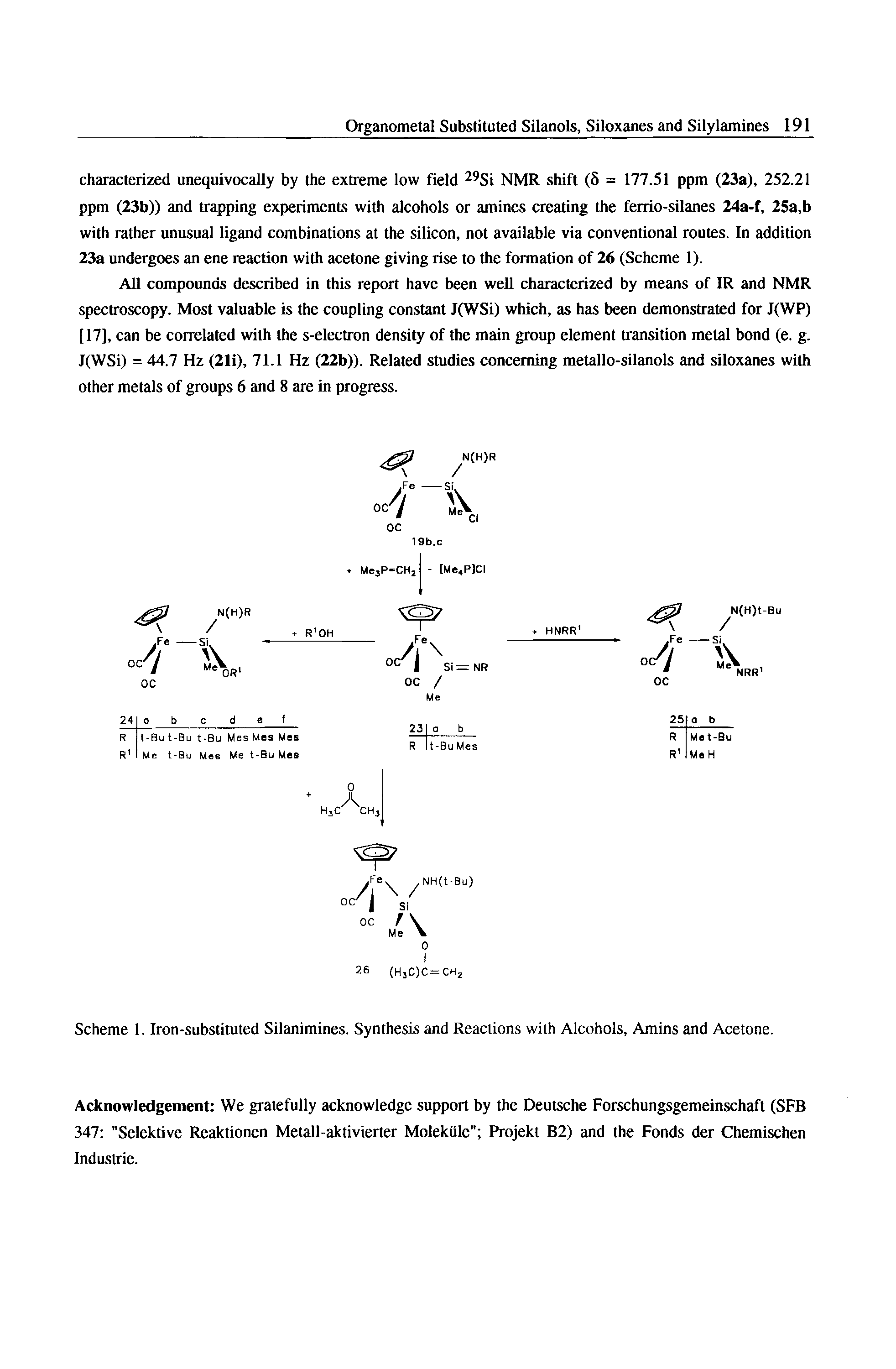 Scheme 1. Iron-substituted Silanimines. Synthesis and Reactions with Alcohols, Amins and Acetone.