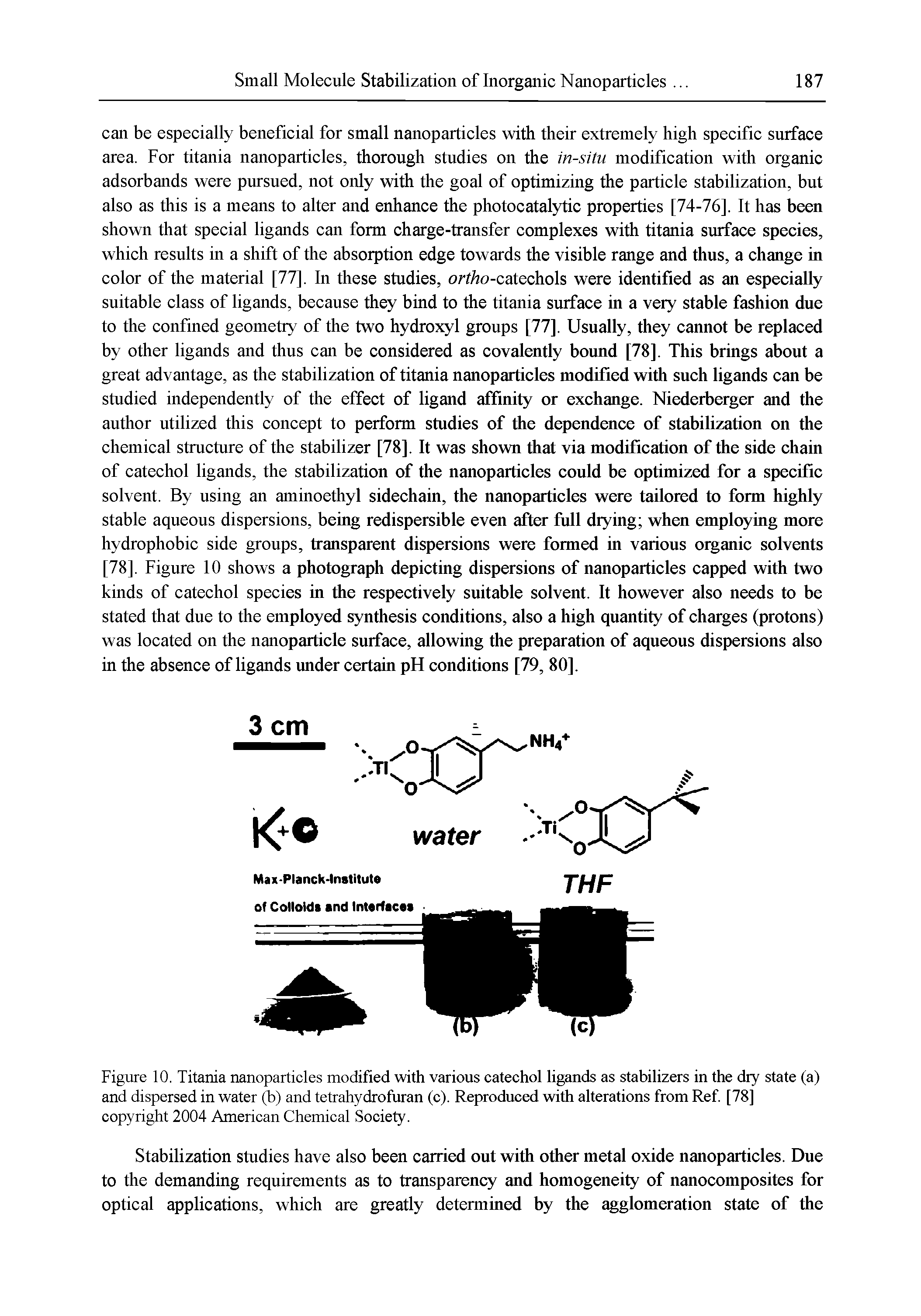 Figure 10. Titania nanoparticles modified with various catechol ligands as stabilizers in the dry state (a) and dispersed in water (b) and tetrahydrofuran (c). Reproduced with alterations from Ref. [78] copyright 2004 American Chemical Society.