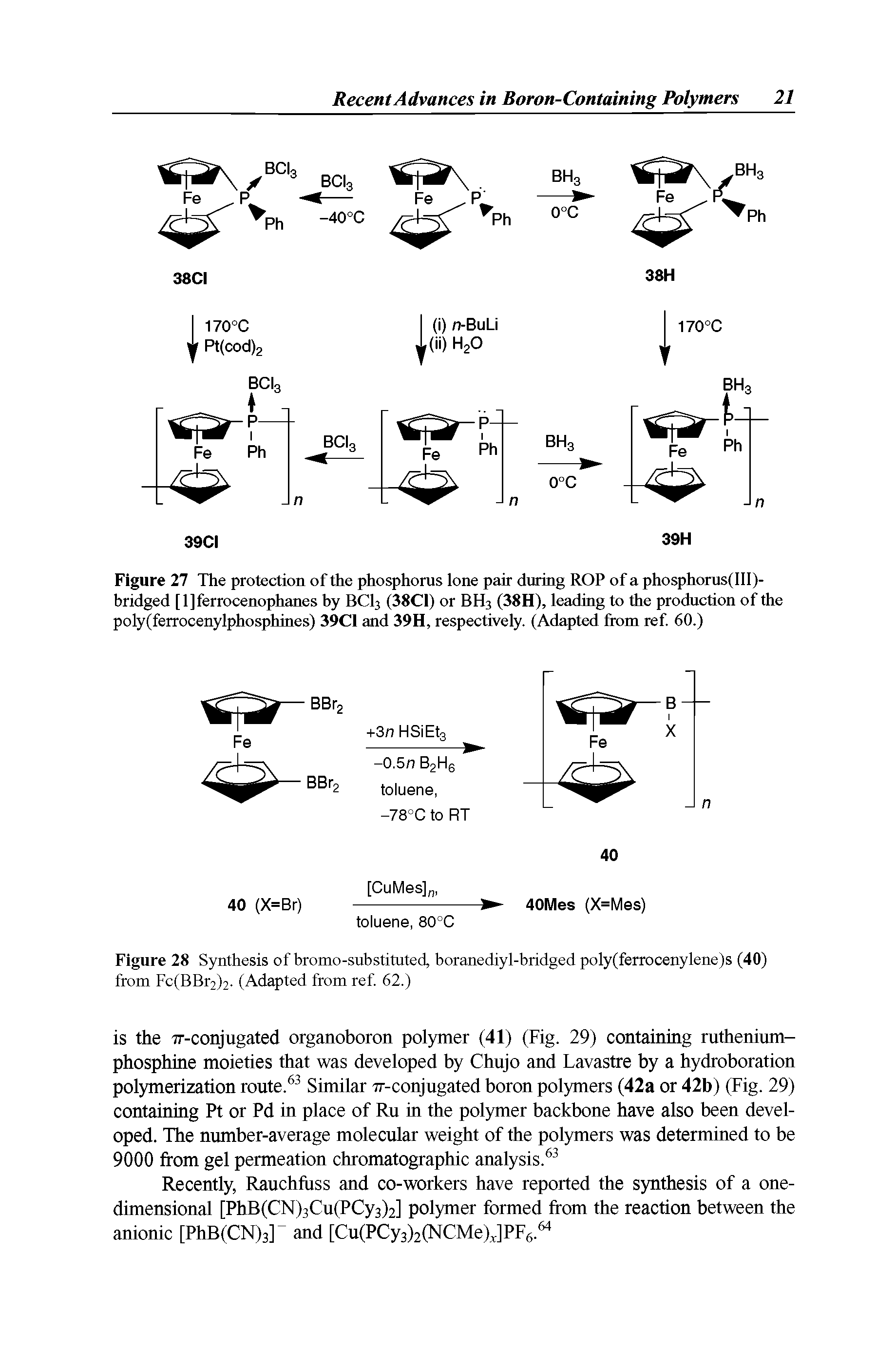 Figure 28 Synthesis of bromo-substituted, boranediyl-bridged poly(ferrocenylene)s (40) from Fc(BBr2)2. (Adapted from ref. 62.)...