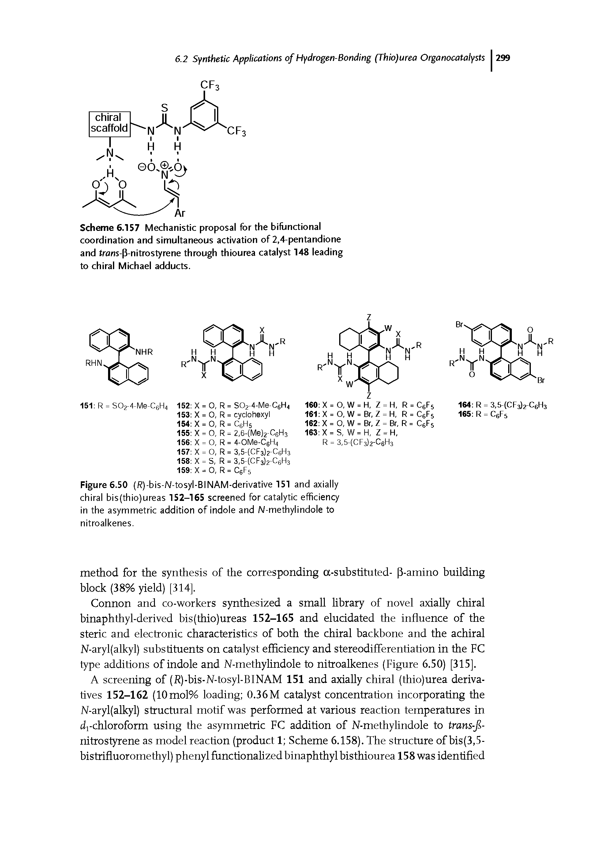 Scheme 6.157 Mechanistic proposal for the biflinctional coordination and simultaneous activation of 2,4-pentandione and trans-P-nitrostyrene through thiourea catalyst 148 leading to chiral Michael adducts.