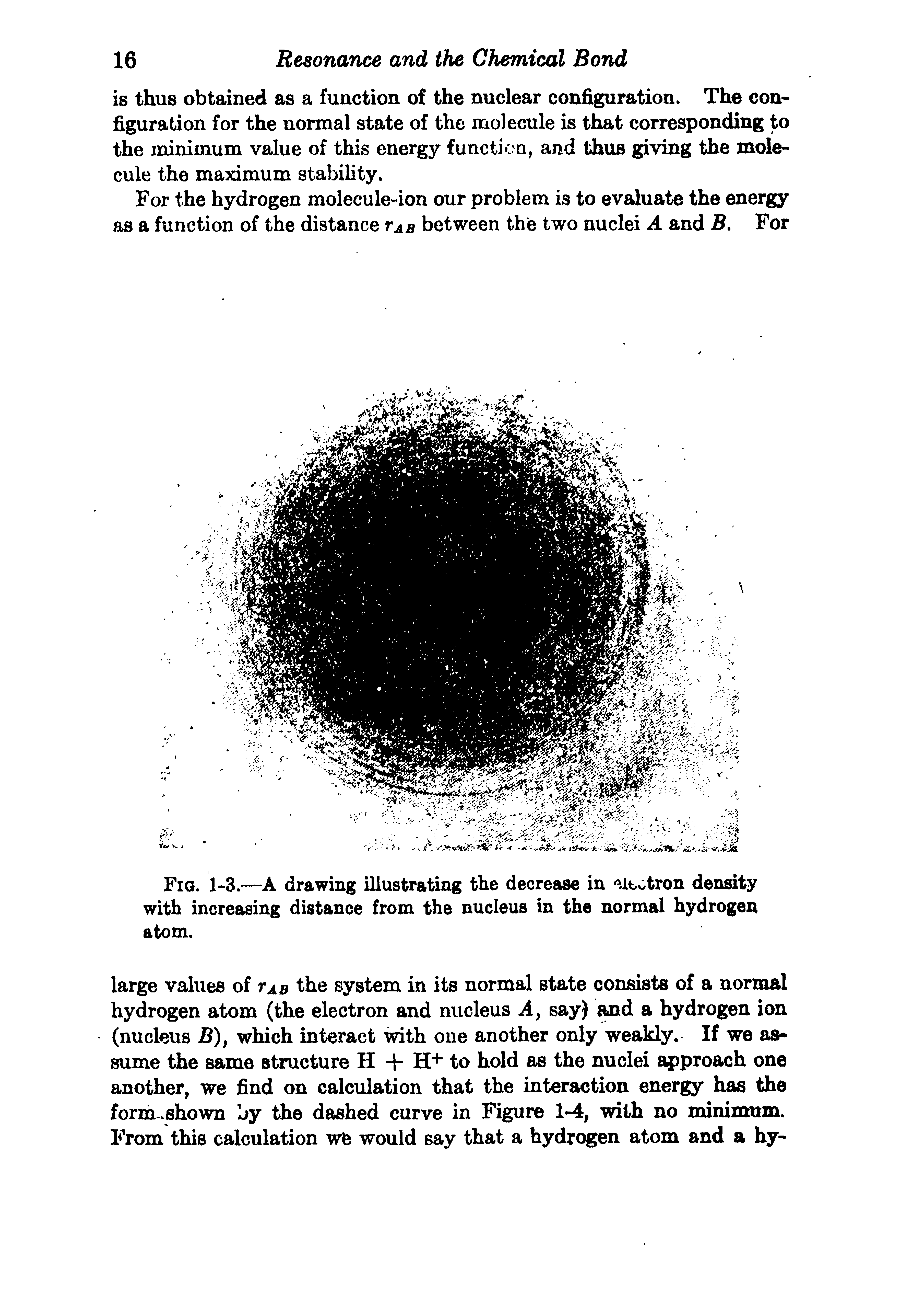 Fig. 1-3.—A drawing illustrating the decrease in Electron density with increasing distance from the nucleus in the normal hydrogen atom.