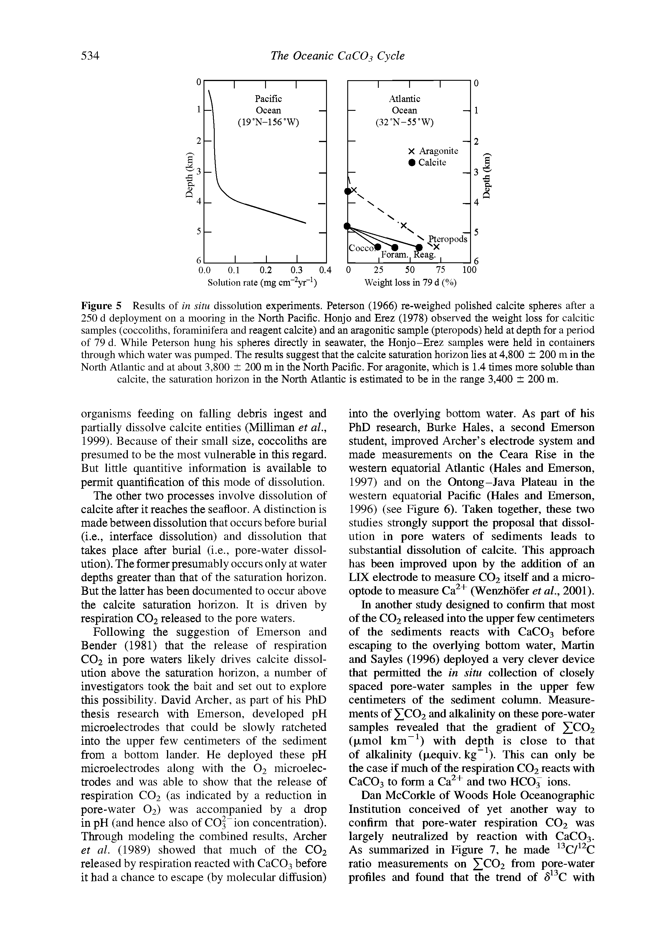 Figure 5 Results of in situ dissolution experiments. Peterson (1966) re-weighed polished calcite spheres after a 250 d deployment on a mooring in the North Pacific. Honjo and Erez (1978) observed the weight loss for calcitic samples (coccoliths, foraminifera and reagent calcite) and an aragonitic sample (pteropods) held at depth for a period of 79 d. While Peterson hung his spheres directly in seawater, the Honjo-Erez samples were held in containers through which water was pumped. The results suggest that the calcite saturation horizon lies at 4,800 200 m in the North Atlantic and at about 3,800 200 m in the North Pacific. For aragonite, which is 1.4 times more soluble than calcite, the saturation horizon in the North Atlantic is estimated to be in the range 3,400 200 m.