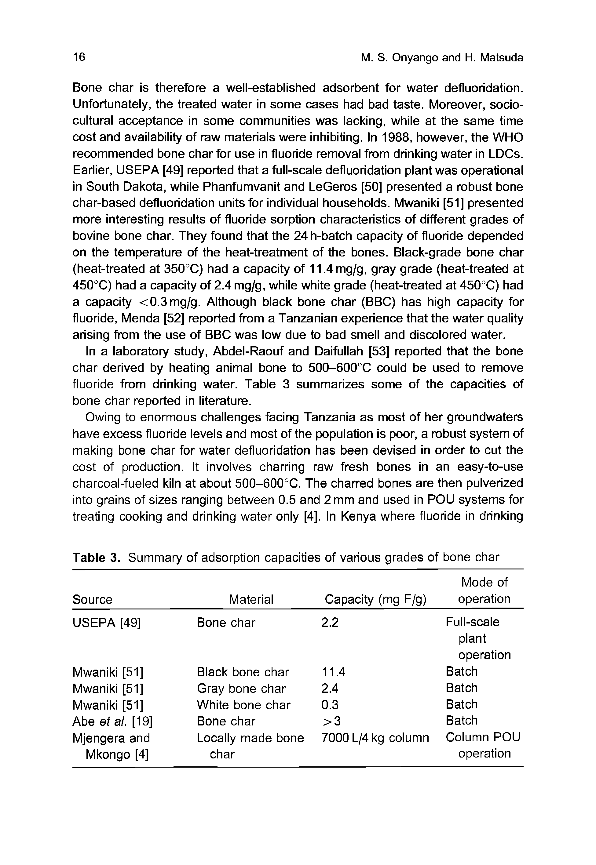 Table 3. Summary of adsorption capacities of various grades of bone char...