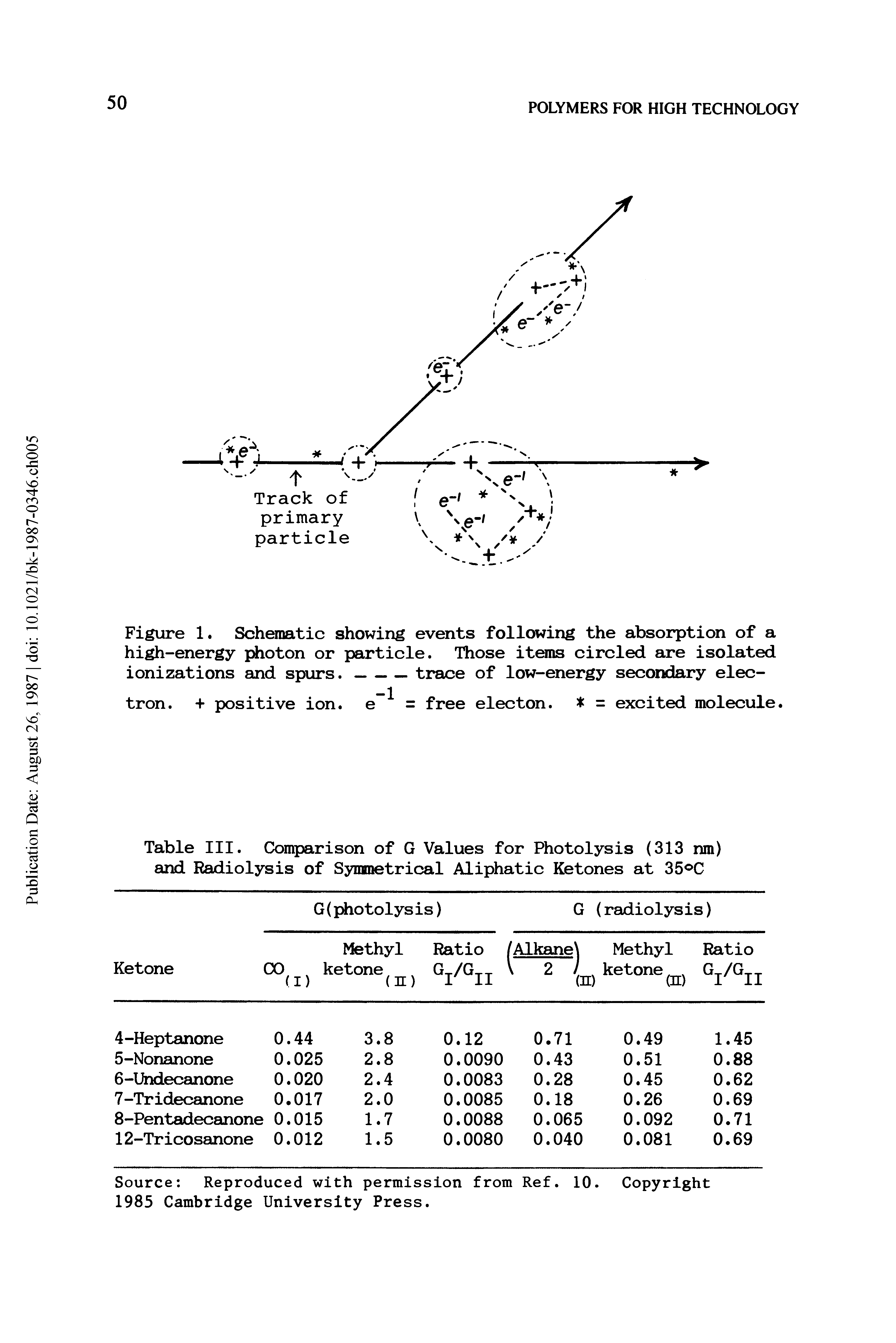 Figure 1. Schematic showing events following the absorption of a high-energy j oton or particle. Those items circled are isolated ionizations and spurs.-------trace of low-energy secondary elec-...