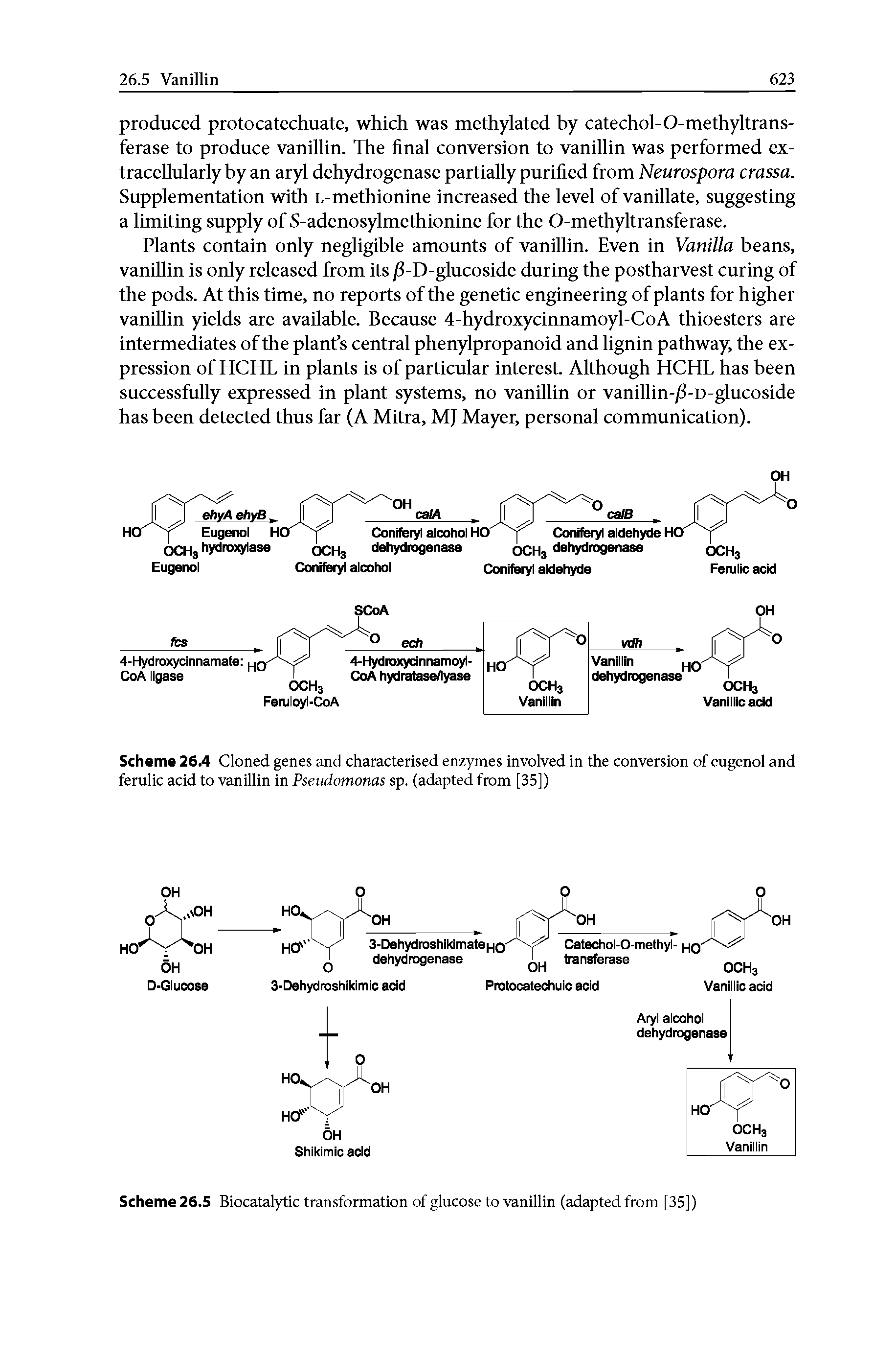 Scheme 26.5 Biocatalytic transformation of glucose to vanillin (adapted from [35])...