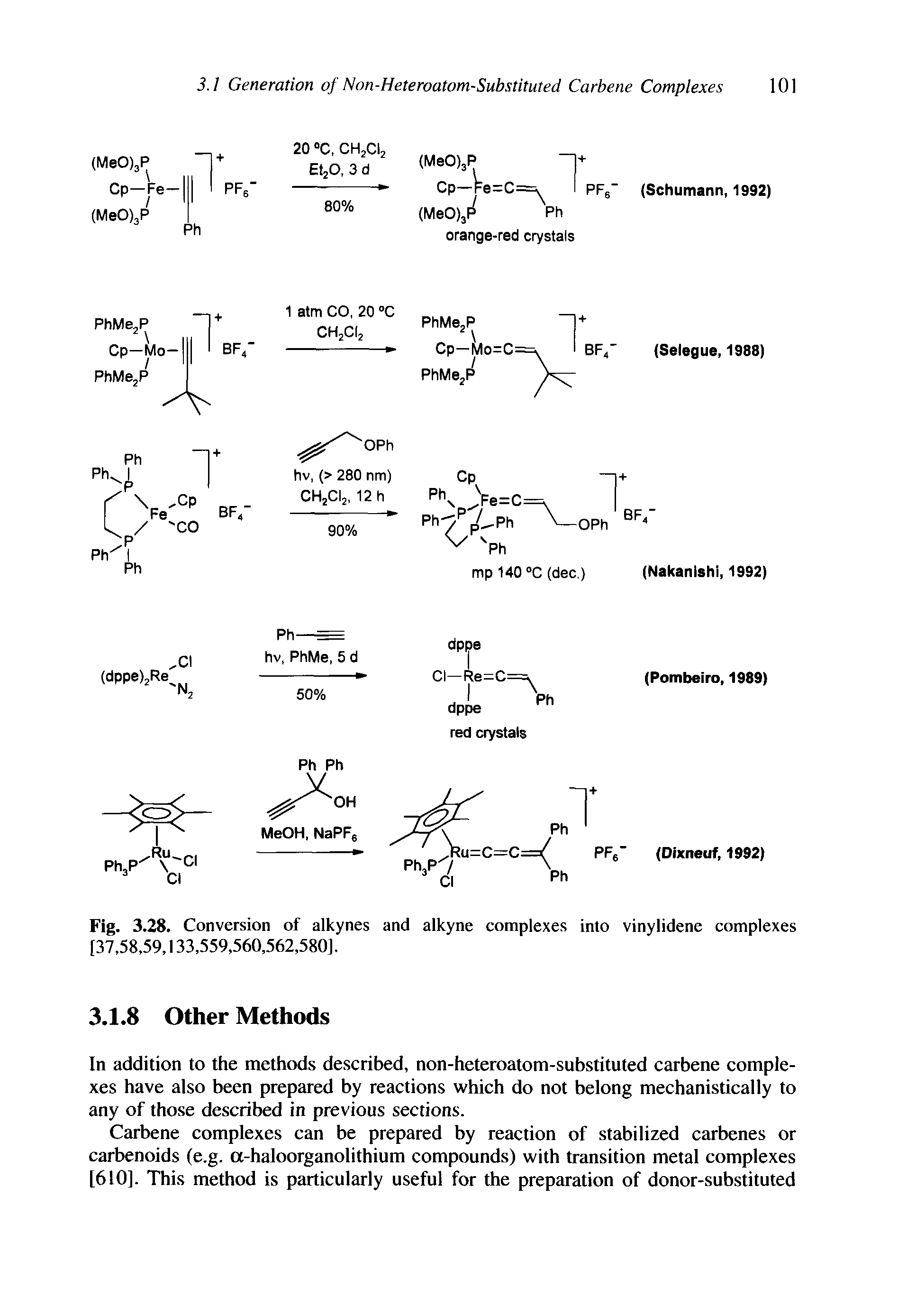 Fig. 3.28. Conversion of alkynes and alkyne complexes into vinylidene complexes [37,58,59,133,559,560,562,580].