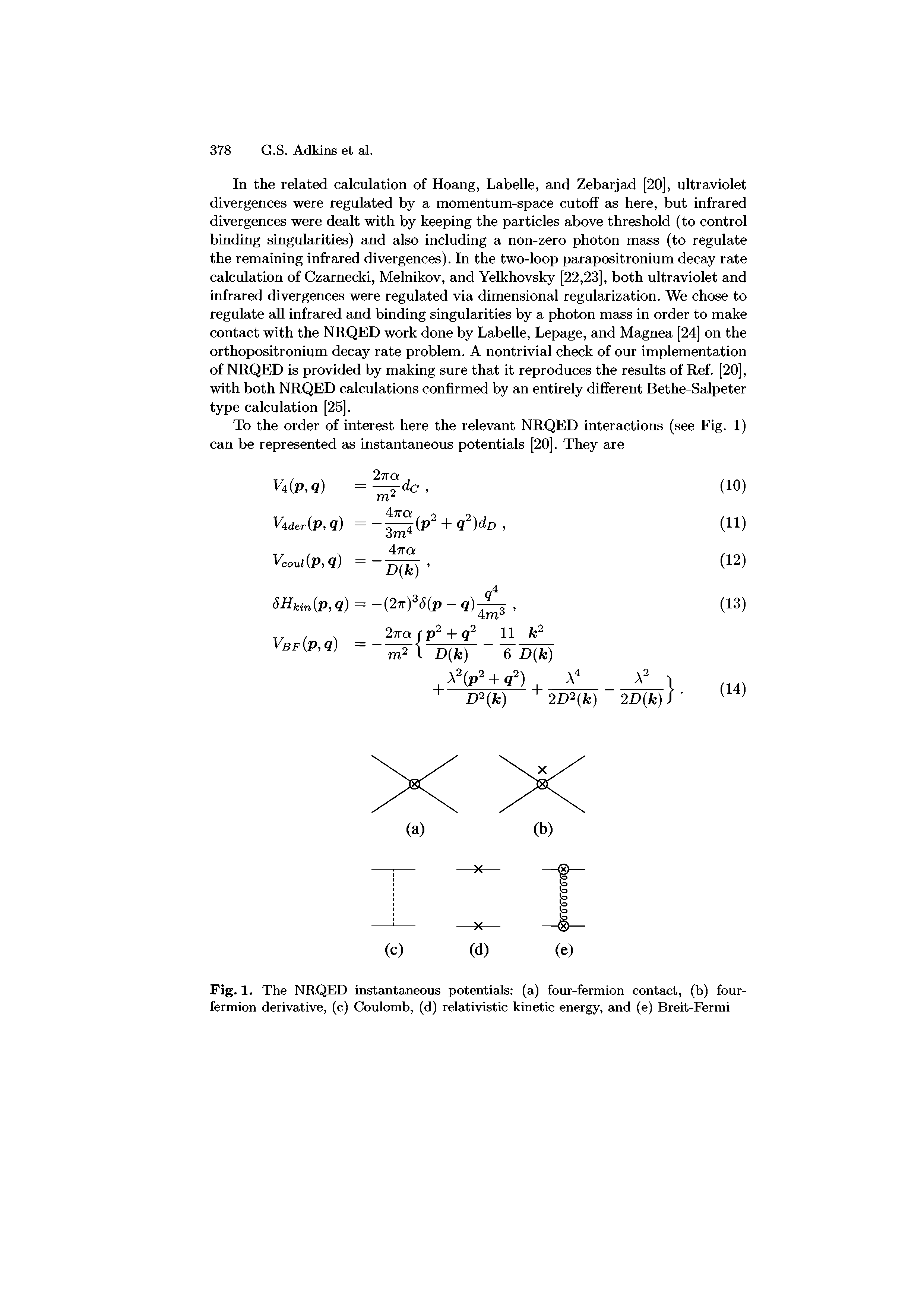 Fig. 1. The NRQED instantaneous potentials (a) four-fermion contact, (b) four-fermion derivative, (c) Coulomb, (d) relativistic kinetic energy, and (e) Breit-Fermi...
