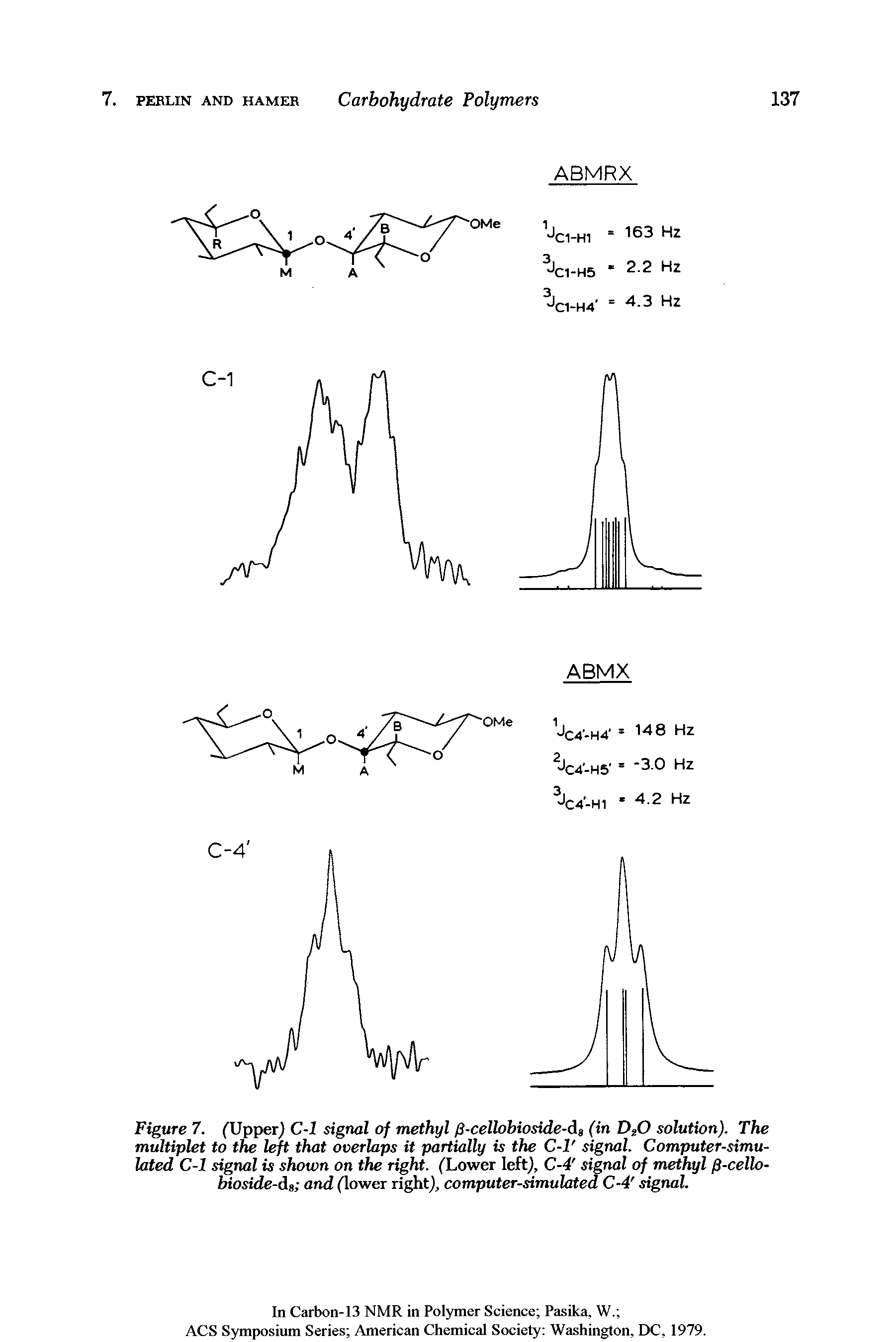 Figure 7. (Upper) C-1 signal of methyl fi-cellobioside-da (in DgO solution). The multiplet to the left that overlaps it partially is the C-1 signal. Computer-simulated C-1 signal is shown on the right. (Lower left), C-4 signal of methyl p-cello-bioside-ds and (lower right), computer-simulated C-4 signal.