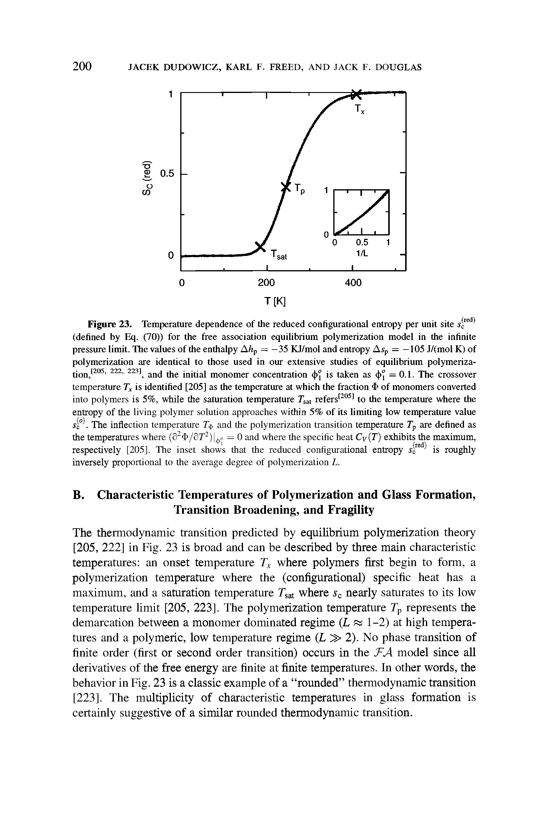 Figure 23. Temperature dependence of the reduced configurational entropy per unit site (defined by Eq. (70)) for the free association equilibrium polymerization model in the infinite pressure limit. The values of the enthalpy Afip = -35 KJ/mol and entropy Aip = -105 J/(mol K) of polymerization are identical to those used iu our extensive studies of equilibrium polymeriza-tiou, and the initial monomer concentration 4)° is taken as 4)° = 0.1. The crossover...