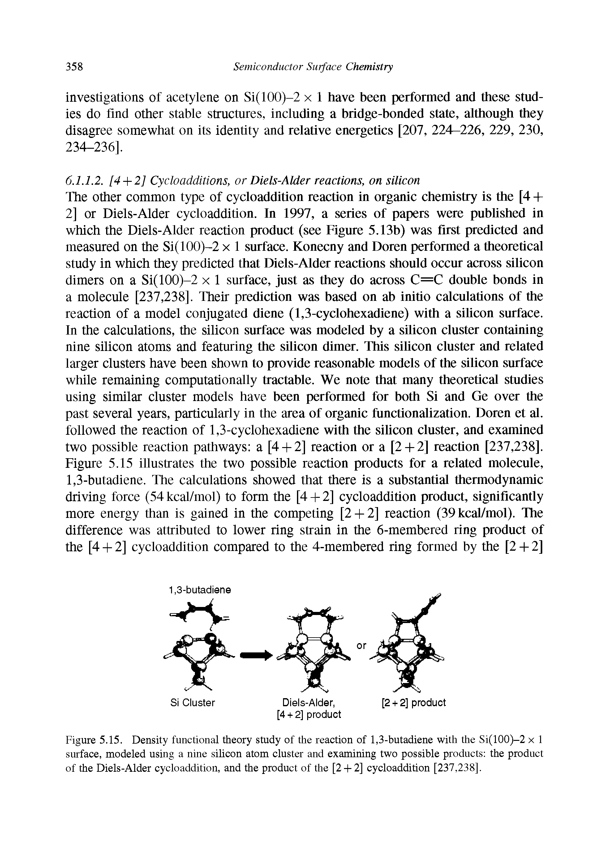 Figure 5.15. Density functional theory study of the reaction of 1,3-butadiene with the Si(100)—2 x 1 surface, modeled using a nine silicon atom cluster and examining two possible products the product of the Diels-Alder cycloaddition, and the product of the [2 + 2] cycloaddition [237,238].