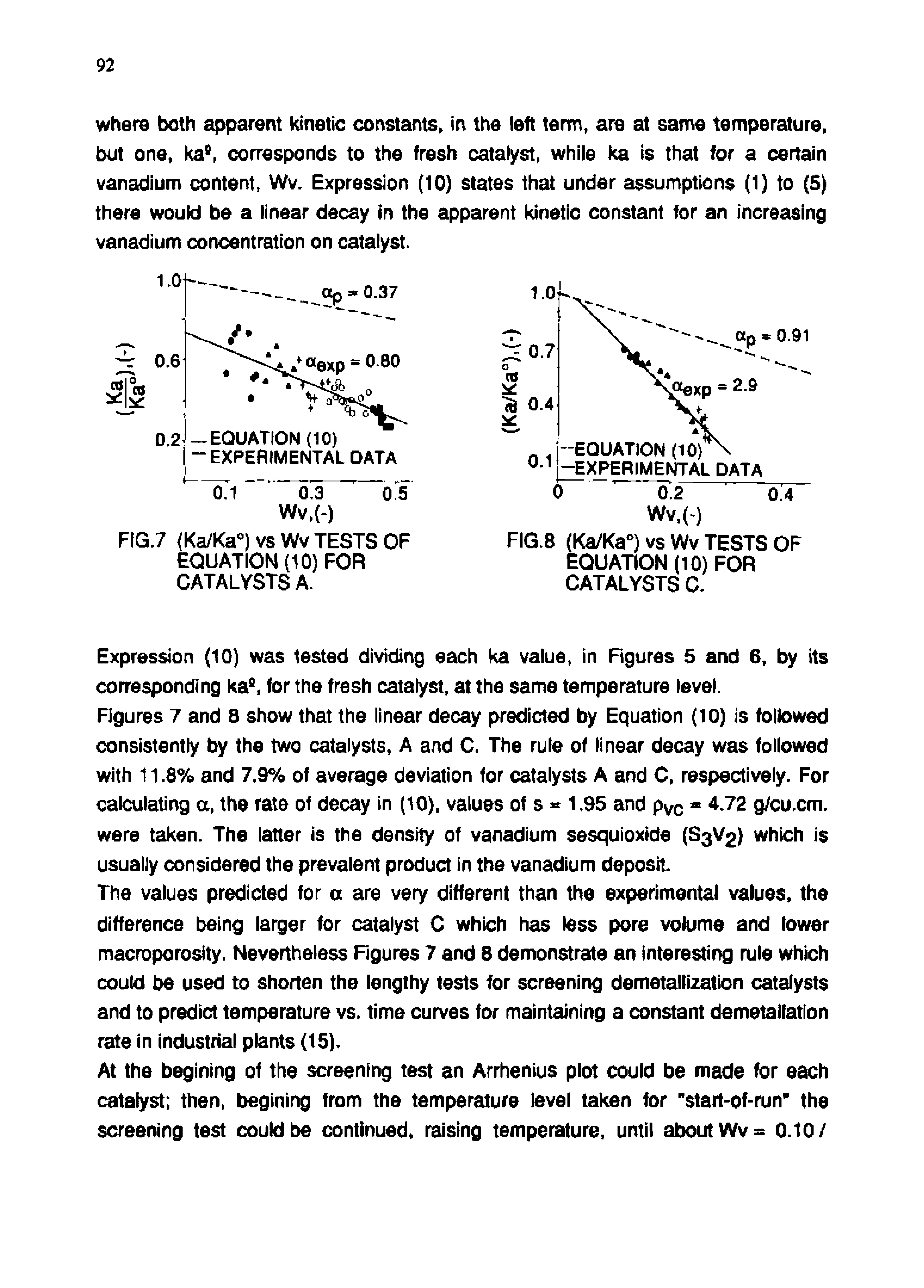 Figures 7 and 8 show that the linear decay predicted by Equation (10) is followed consistently by the two catalysts, A and C. The rule of linear decay was followed with 11.8% and 7,9% of average deviation for catalysts A and C, respectively. For calculating a, the rate of decay in (10), values of s 1,95 and pvc 4,72 g/cu,cm. were taken. The latter is the density of vanadium sesquioxide (S3V2) which Is usually considered the prevalent product in the vanadium deposit.