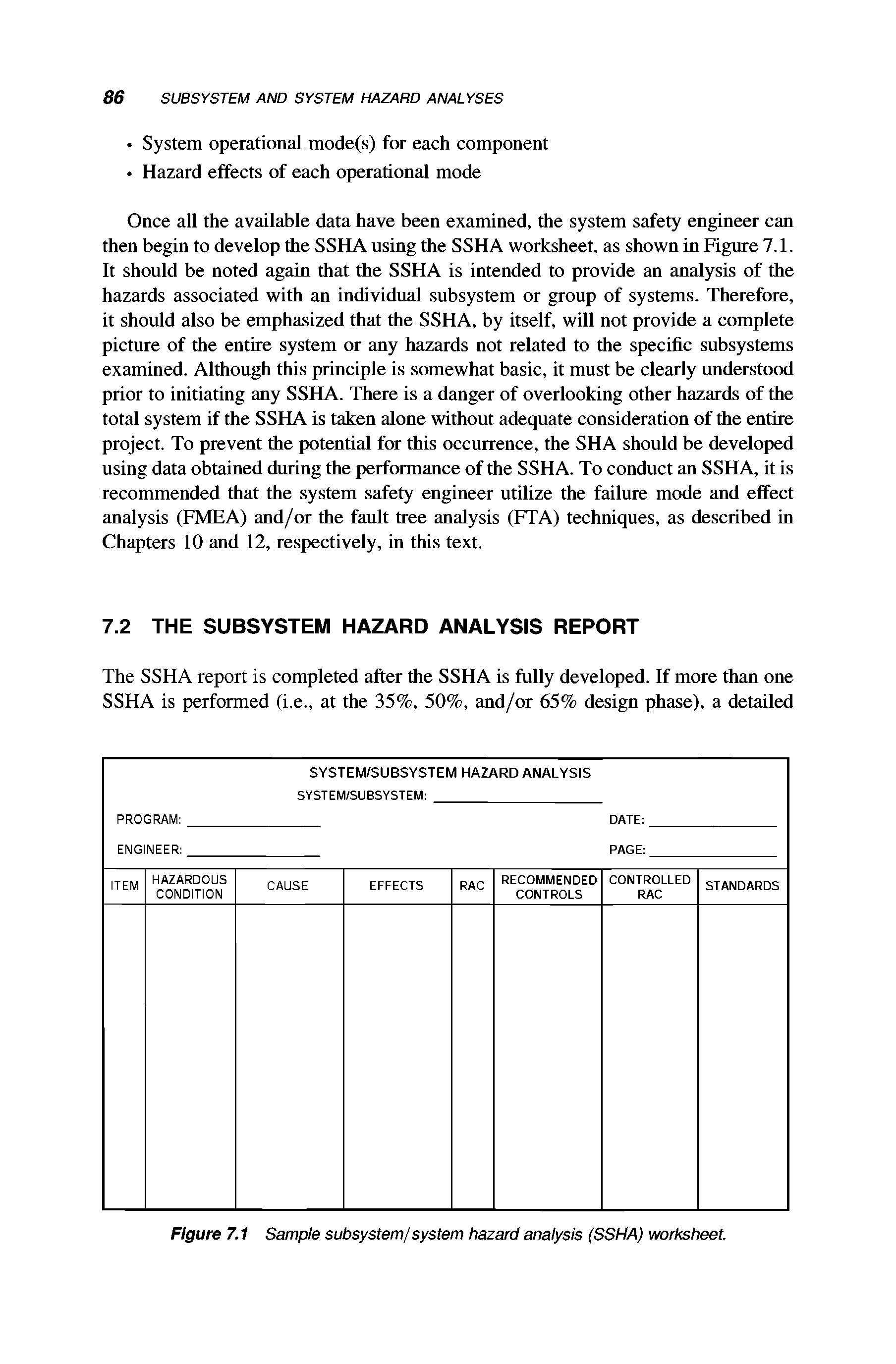 Figure 7.1 Sample subsystem/system hazard analysis (SSHA) worksheet.