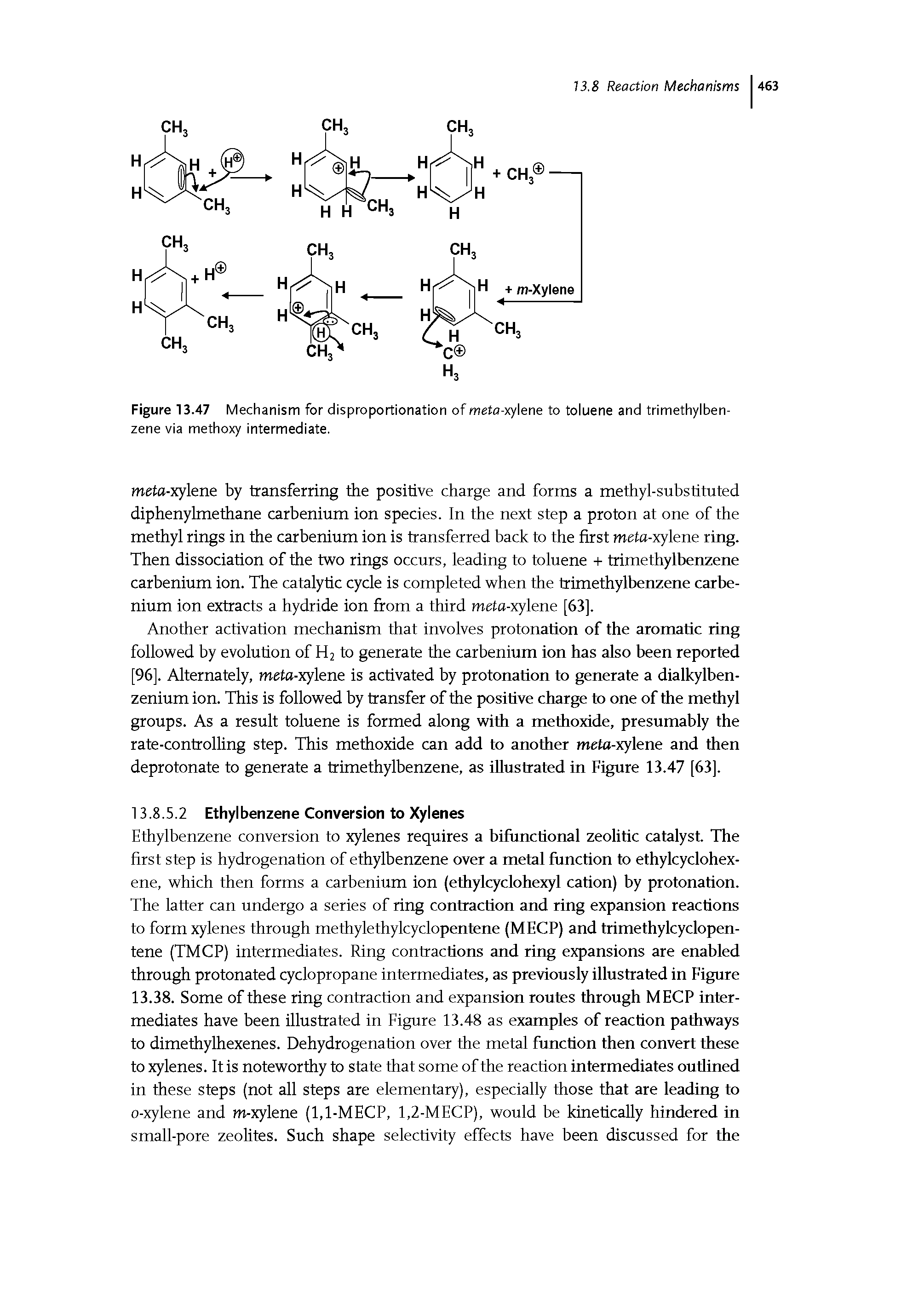 Figure 13.47 Mechanism for disproportionation of meto-xylene to toluene and trimethylben-zene via methoxy intermediate.