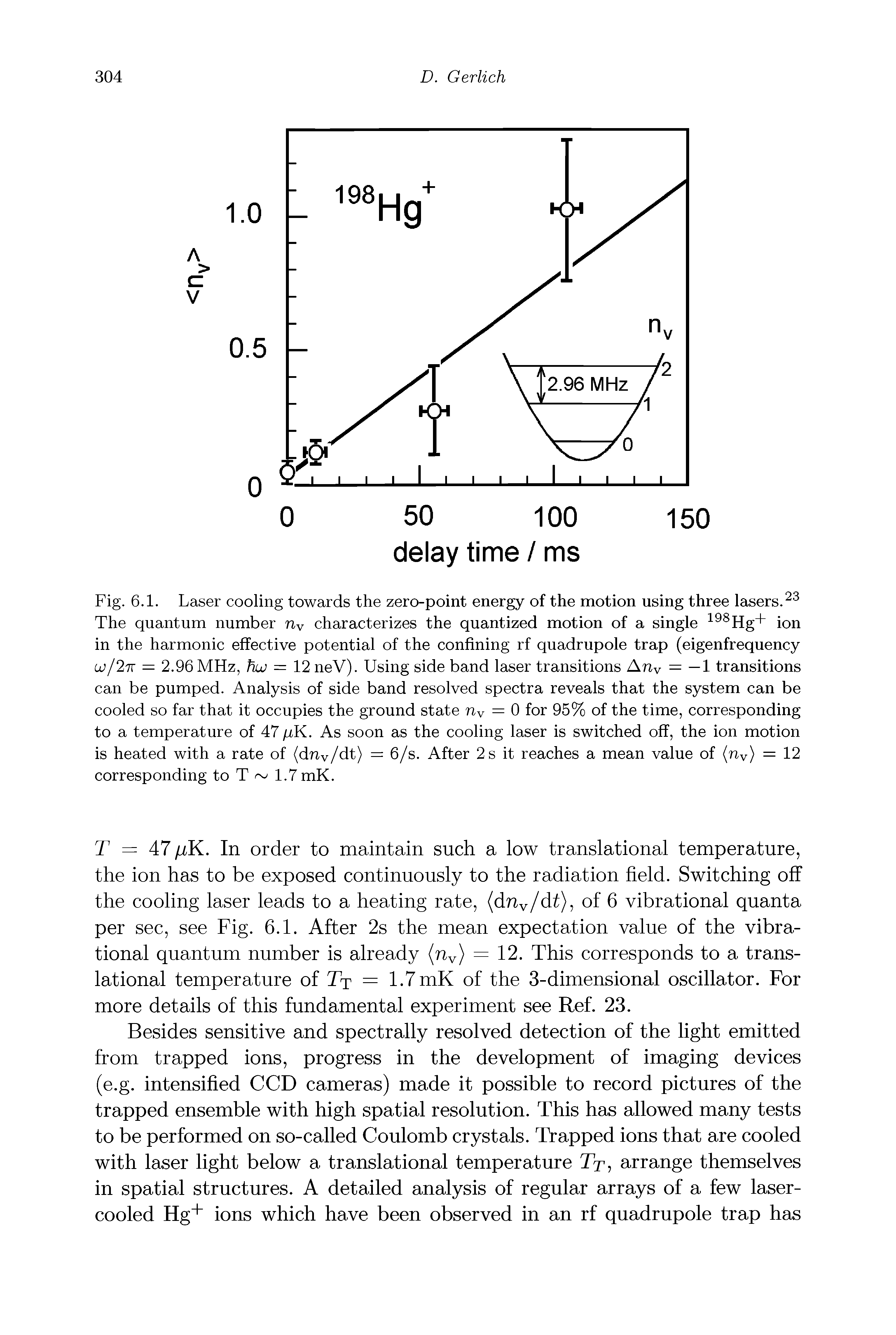 Fig. 6.1. Laser cooling towards the zero-point energy of the motion using three lasers. The quantum number riy characterizes the quantized motion of a single Hg+ ion in the harmonic effective potential of the confining rf quadrupole trap (eigenfrequency jjjl K — 2.96 MHz, huj = 12 neV). Using side band laser transitions Any = —1 transitions can be pumped. Analysis of side band resolved spectra reveals that the system can be cooled so far that it occupies the ground state ny = 0 for 95% of the time, corresponding to a temperature of 47 fiK. As soon as the cooling laser is switched off, the ion motion is heated with a rate of (dny/dt) = 6/s. After 2 s it reaches a mean value of (riy) = 12 corresponding to T 1.7 mK.
