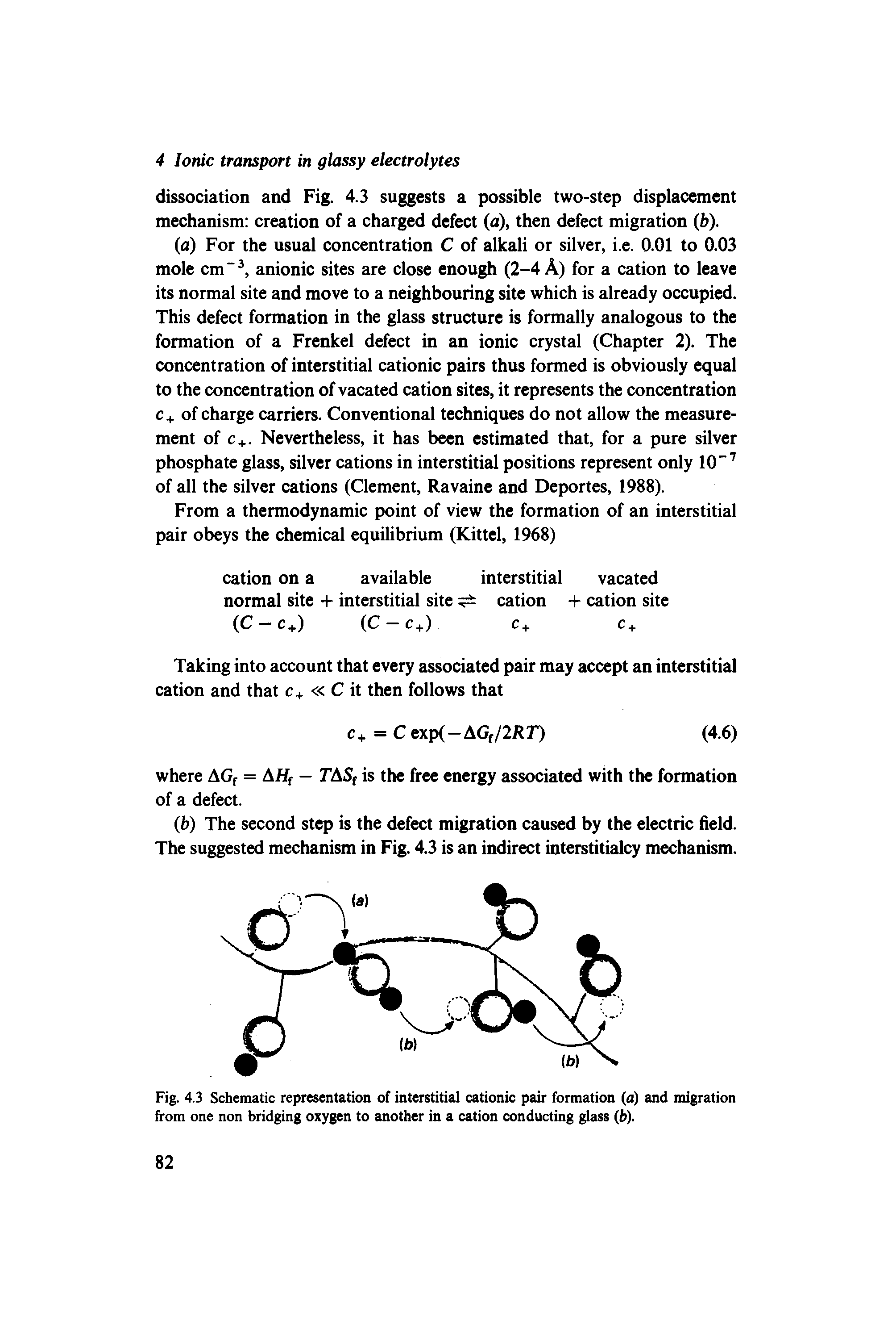 Fig. 4.3 Schematic representation of interstitial cationic pair formation (a) and migration from one non bridging oxygen to another in a cation conducting glass (b).