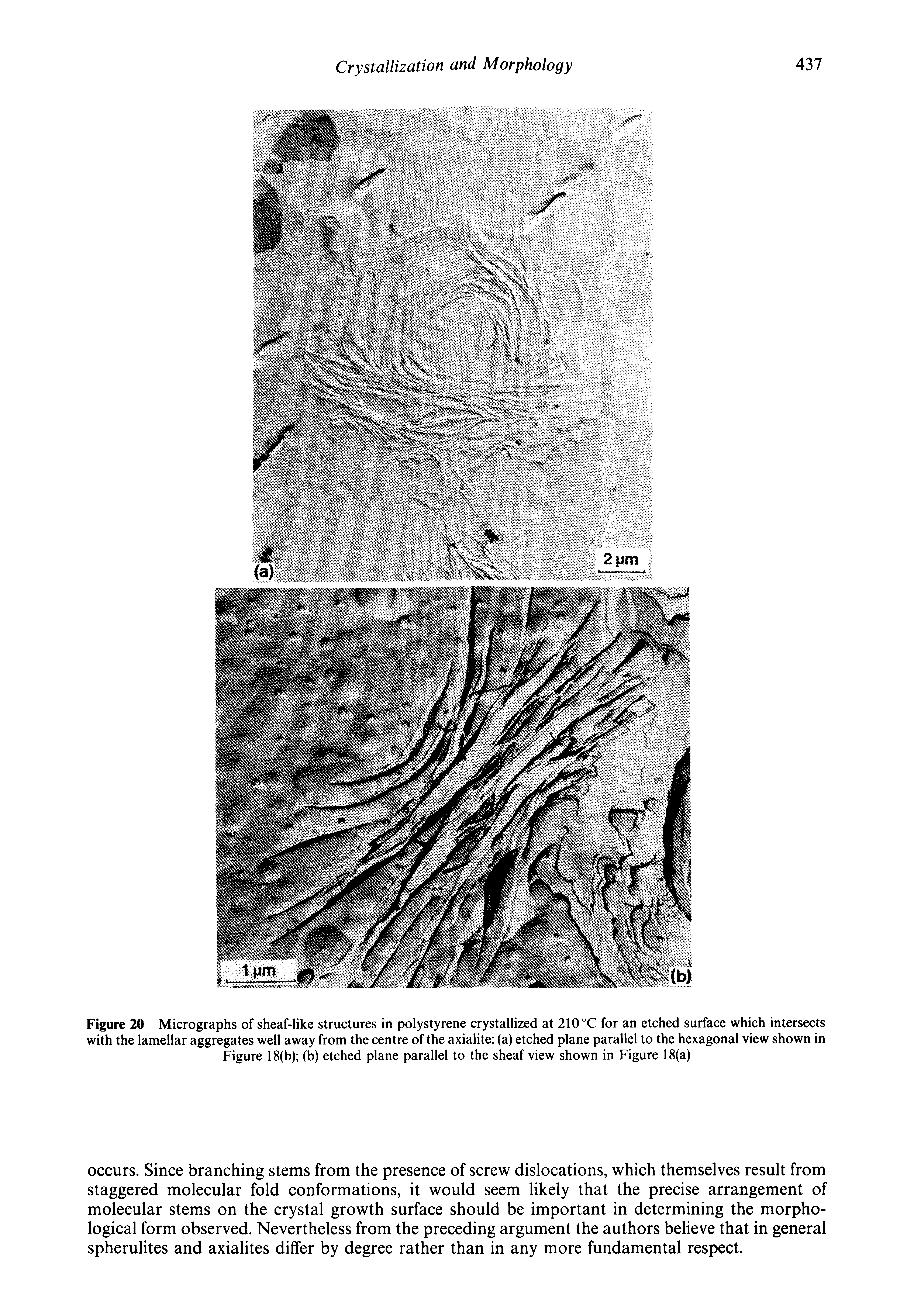 Figure 20 Micrographs of sheaf-like structures in polystyrene crystallized at 210 °C for an etched surface which intersects with the lamellar aggregates well away from the centre of the axialite (a) etched plane parallel to the hexagonal view shown in Figure 18(b) (b) etched plane parallel to the sheaf view shown in Figure 18(a)...