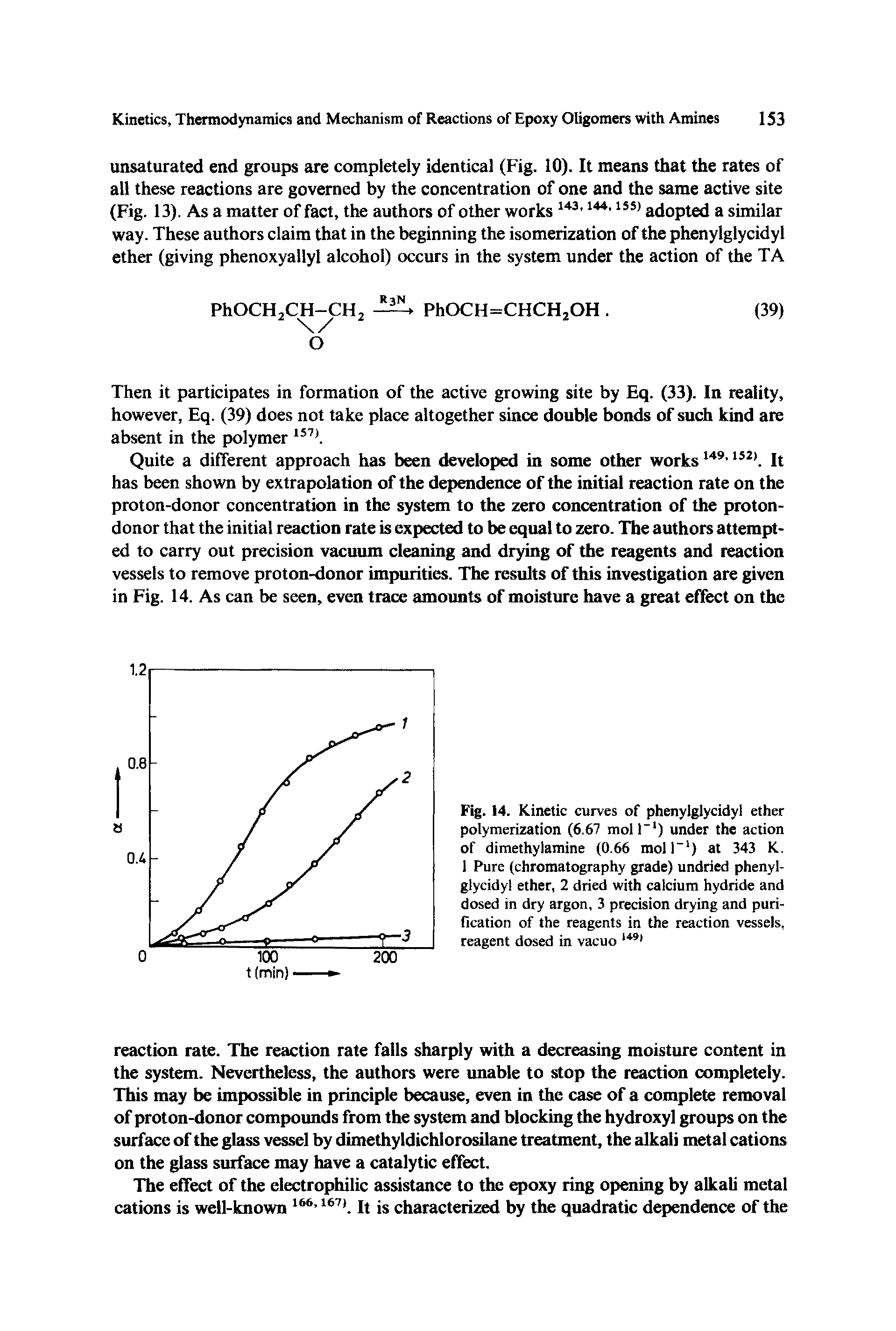 Fig. 14. Kinetic curves of phenylglycidyl ether polymerization (6.67 mol I-1) under the action of dimethylamine (0.66 moll-1) at 343 K. 1 Pure (chromatography grade) undried phenylglycidyl ether, 2 dried with calcium hydride and dosed in dry argon, 3 precision drying and purification of the reagents in the reaction vessels, reagent dosed in vacuo 1+91...