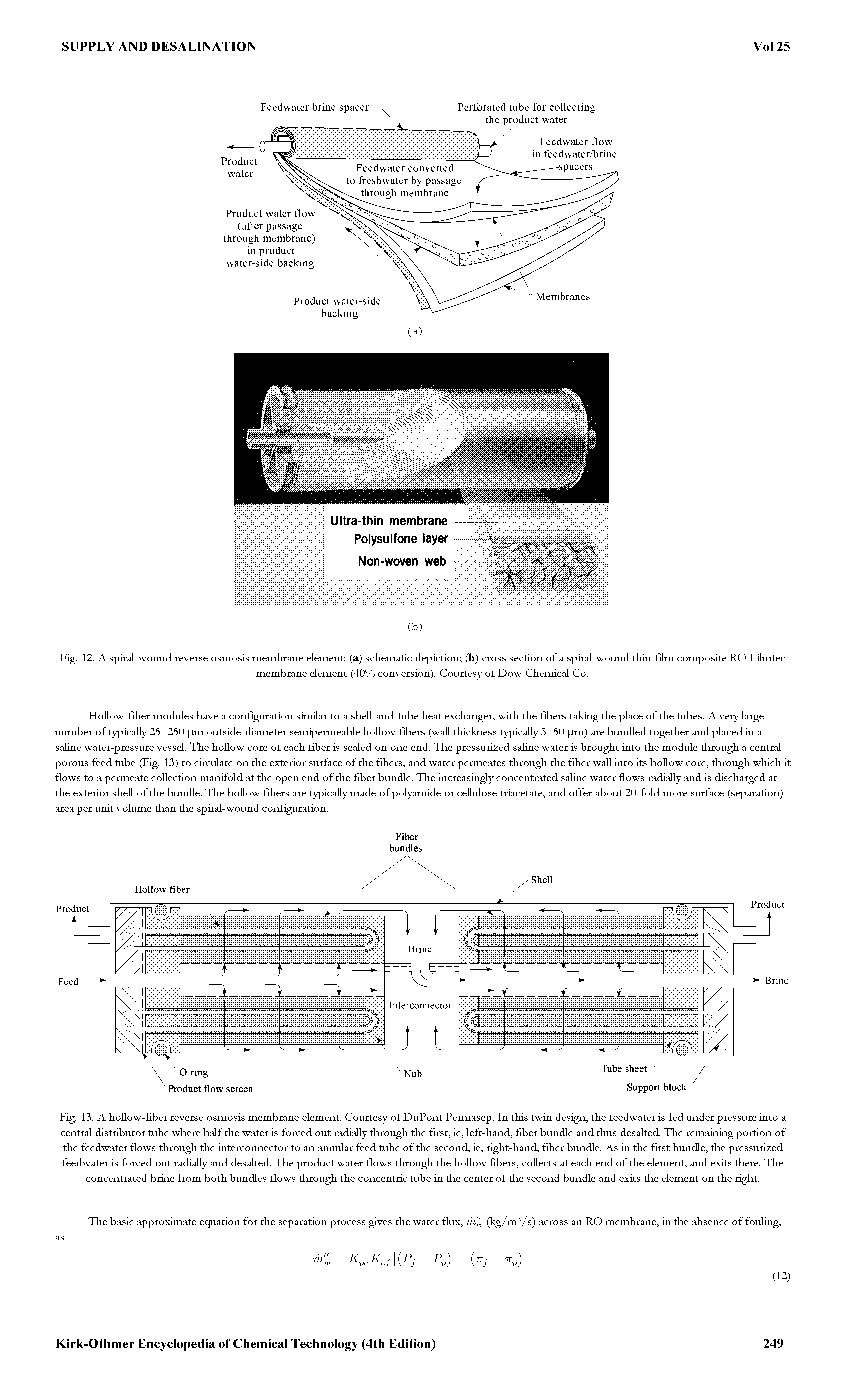 Fig. 13. A hoUow-fibet reverse osmosis membrane element. Courtesy of DuPont Permasep. In this twin design, the feedwater is fed under pressure into a central distributor tube where half the water is forced out tadiaUy through the first, ie, left-hand, fiber bundle and thus desalted. The remaining portion of the feedwater flows through the interconnector to an annular feed tube of the second, ie, right-hand, fiber bundle. As in the first bundle, the pressurized feedwater is forced out tadiaUy and desalted. The product water flows through the hoUow fibers, coUects at each end of the element, and exits there. The concentrated brine from both bundles flows through the concentric tube in the center of the second bundle and exits the element on the right.