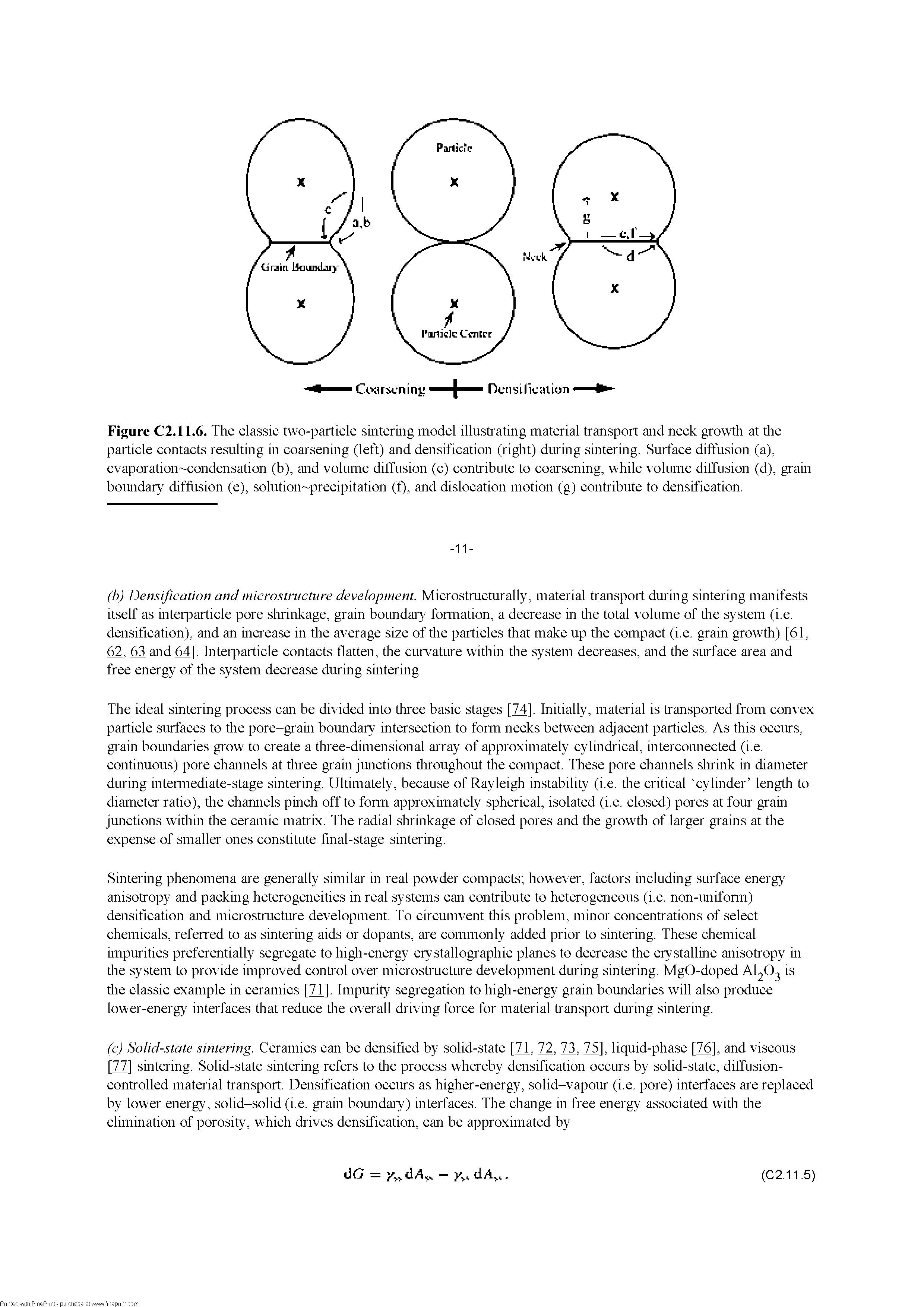 Figure C2.11.6. The classic two-particle sintering model illustrating material transport and neck growtli at tire particle contacts resulting in coarsening (left) and densification (right) during sintering. Surface diffusion (a), evaporation-condensation (b), and volume diffusion (c) contribute to coarsening, while volume diffusion (d), grain boundary diffusion (e), solution-precipitation (f), and dislocation motion (g) contribute to densification.