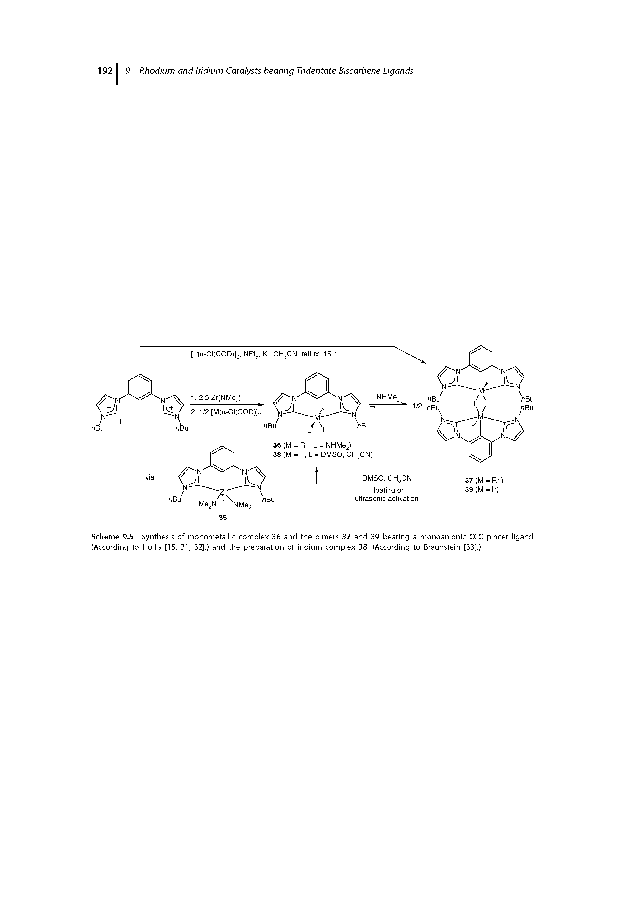 Scheme 9.5 Synthesis of monometallic complex 36 and the dimers 37 and 39 bearing a monoanionic CCC pincer ligand (According to Hollis [15, 31, 32].) and the preparation of iridium complex 38. (According to Braunstein [33].)...
