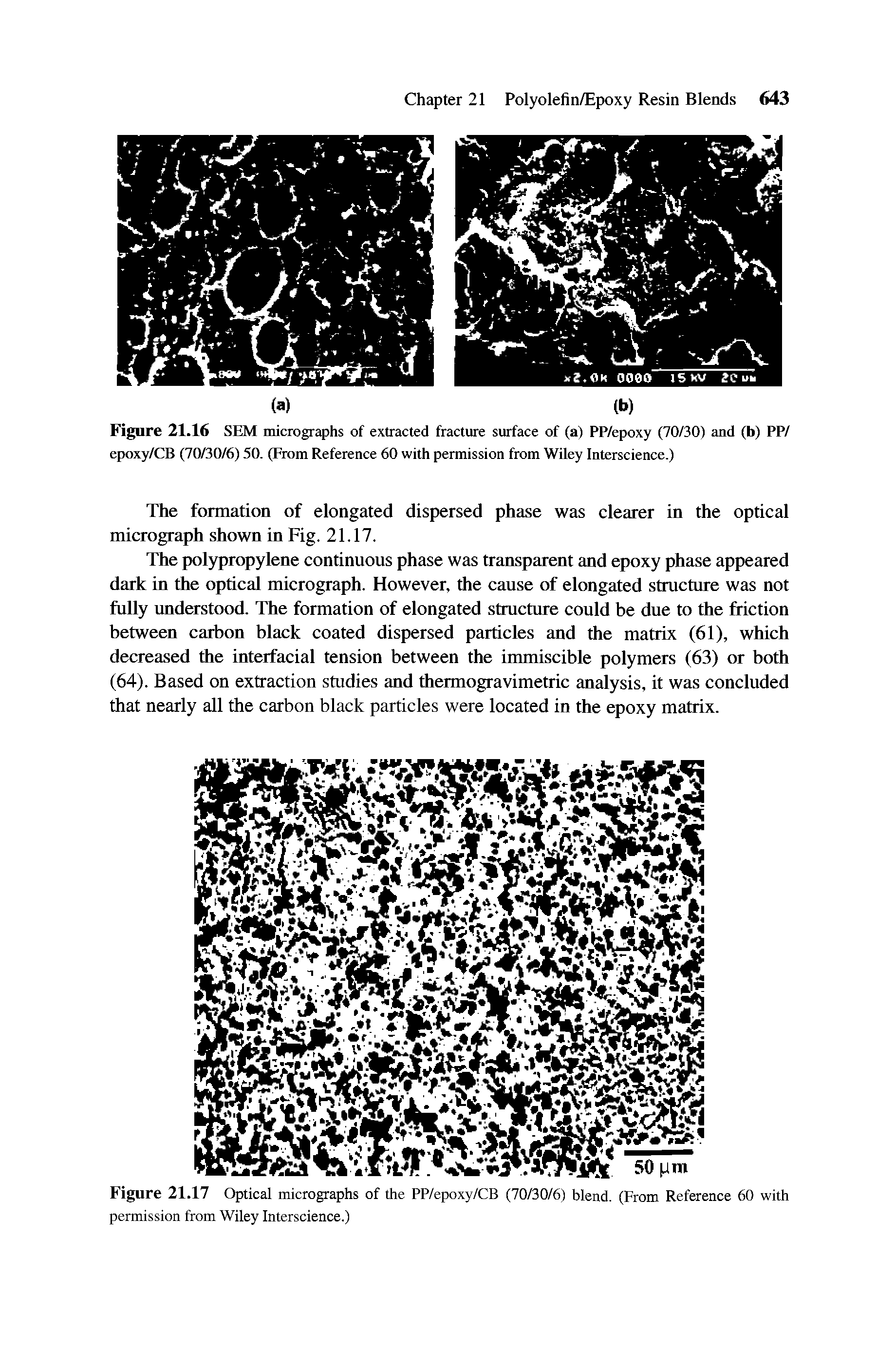 Figure 21.17 Optical micrographs of the PP/epoxy/CB (70/30/6) blend. (From Reference 60 with permission from Wiley Interscience.)...