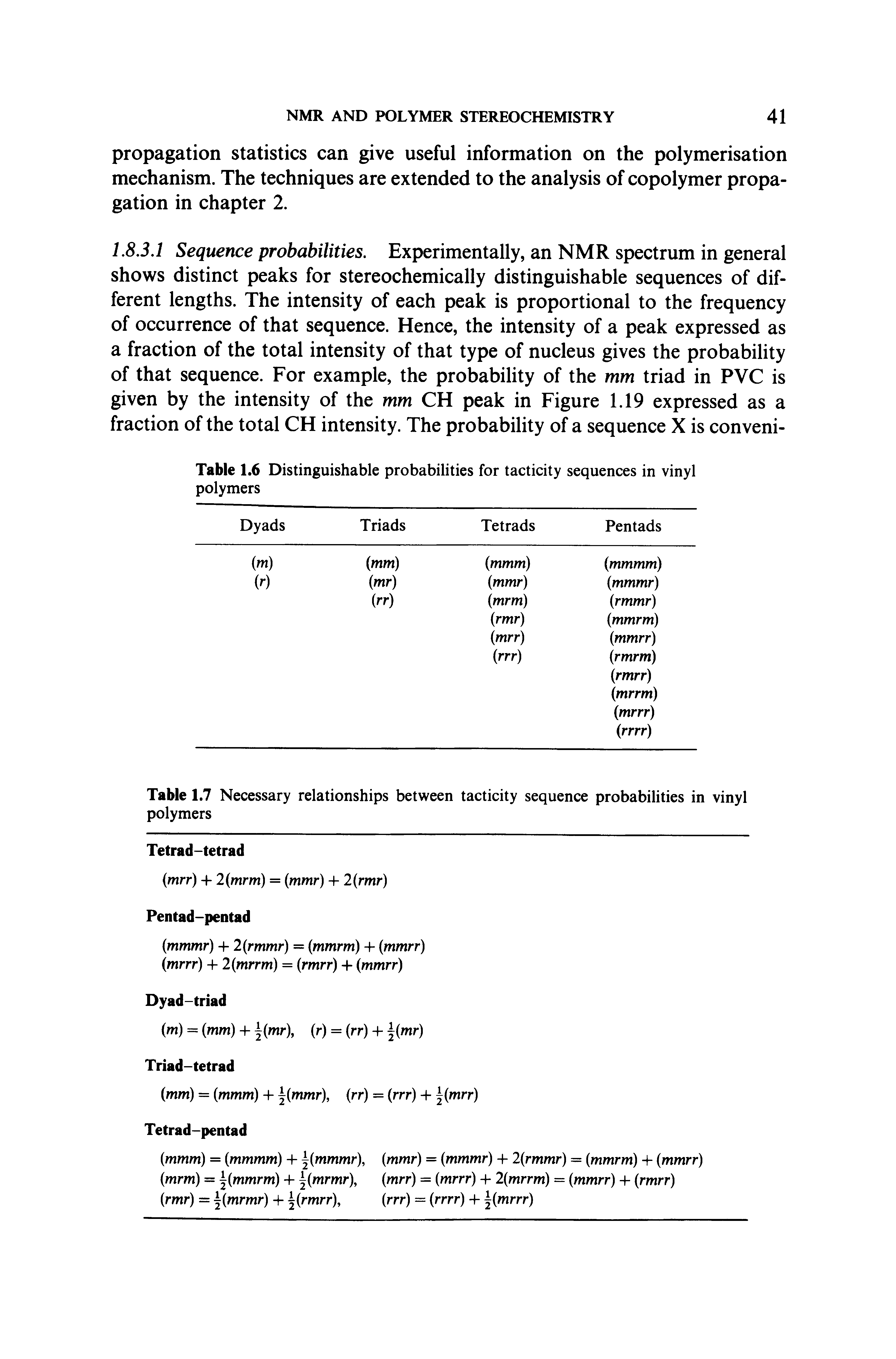 Table 1.6 Distinguishable probabilities for tacticity sequences in vinyl...