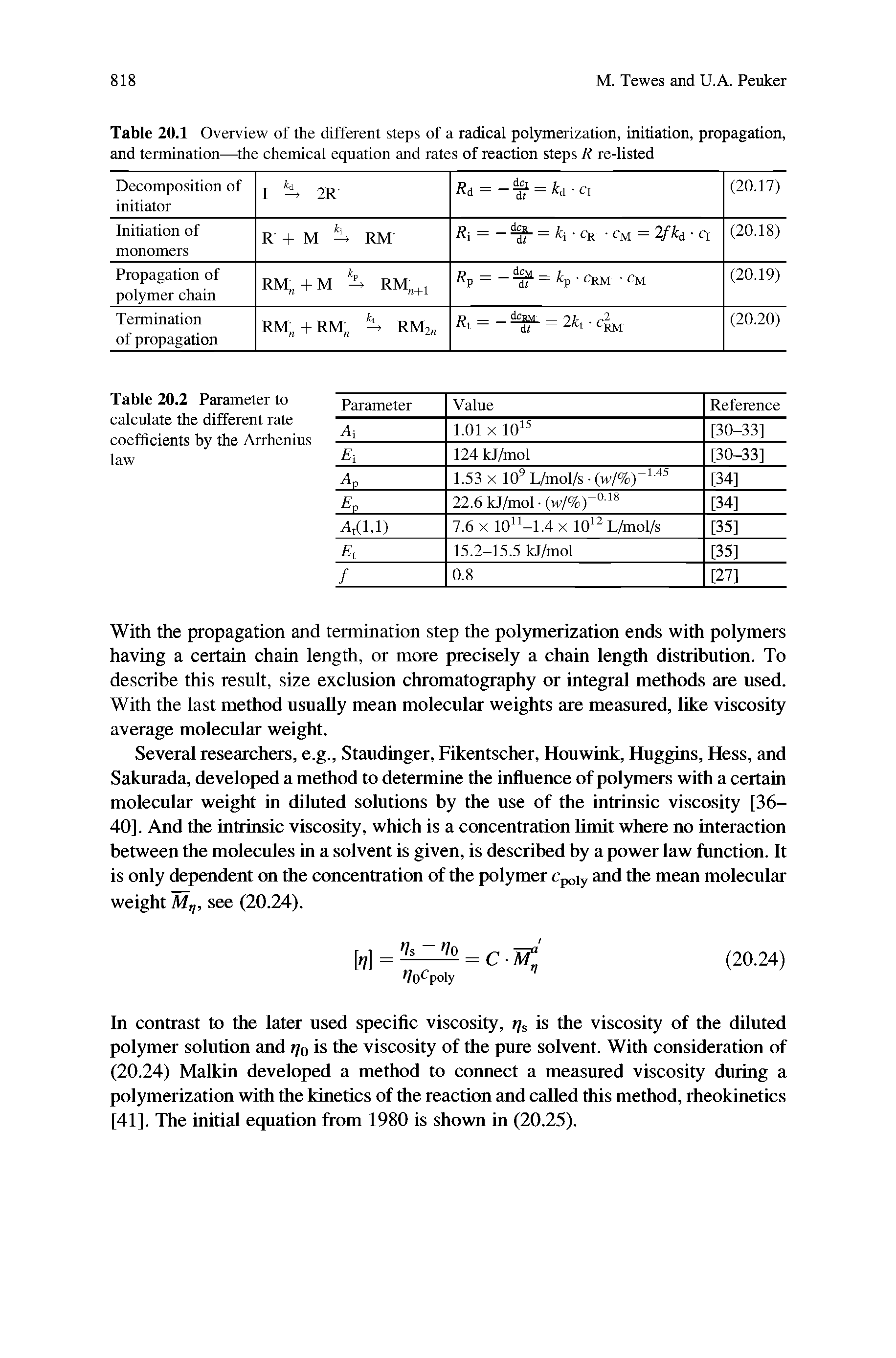 Table 20.1 Overview of the different steps of a radical polymerization, initiation, propagation, and termination— the chemical equation and rates of reaction steps R re-listed...