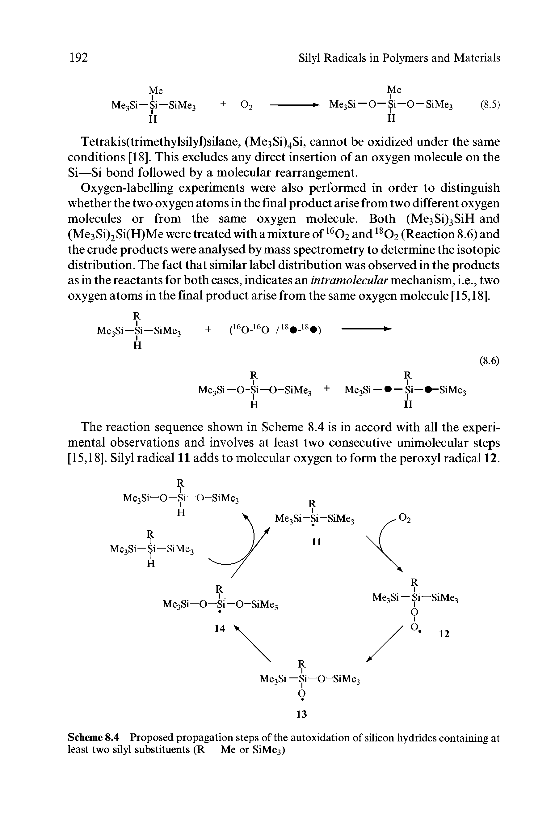 Scheme 8.4 Proposed propagation steps of the autoxidation of silicon hydrides containing at least two silyl substituents (R = Me or SiMe3)...